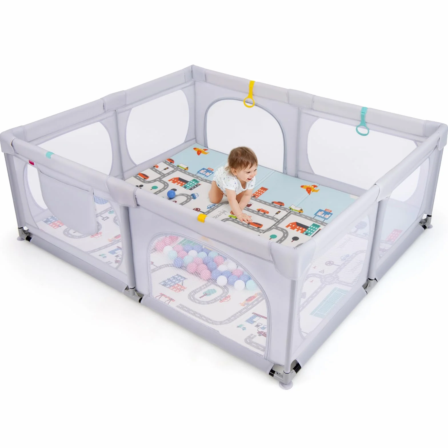 LIFEZEAL Recinto Bambini con Tappeto Gioco, 189x158cm, Box Neonato con Materassino, Box Bimbo 0~36 Mesi con Borsa, Anelli e Palline Colorate, Recinto Neonati in Rete Traspirante (grigio chiaro)