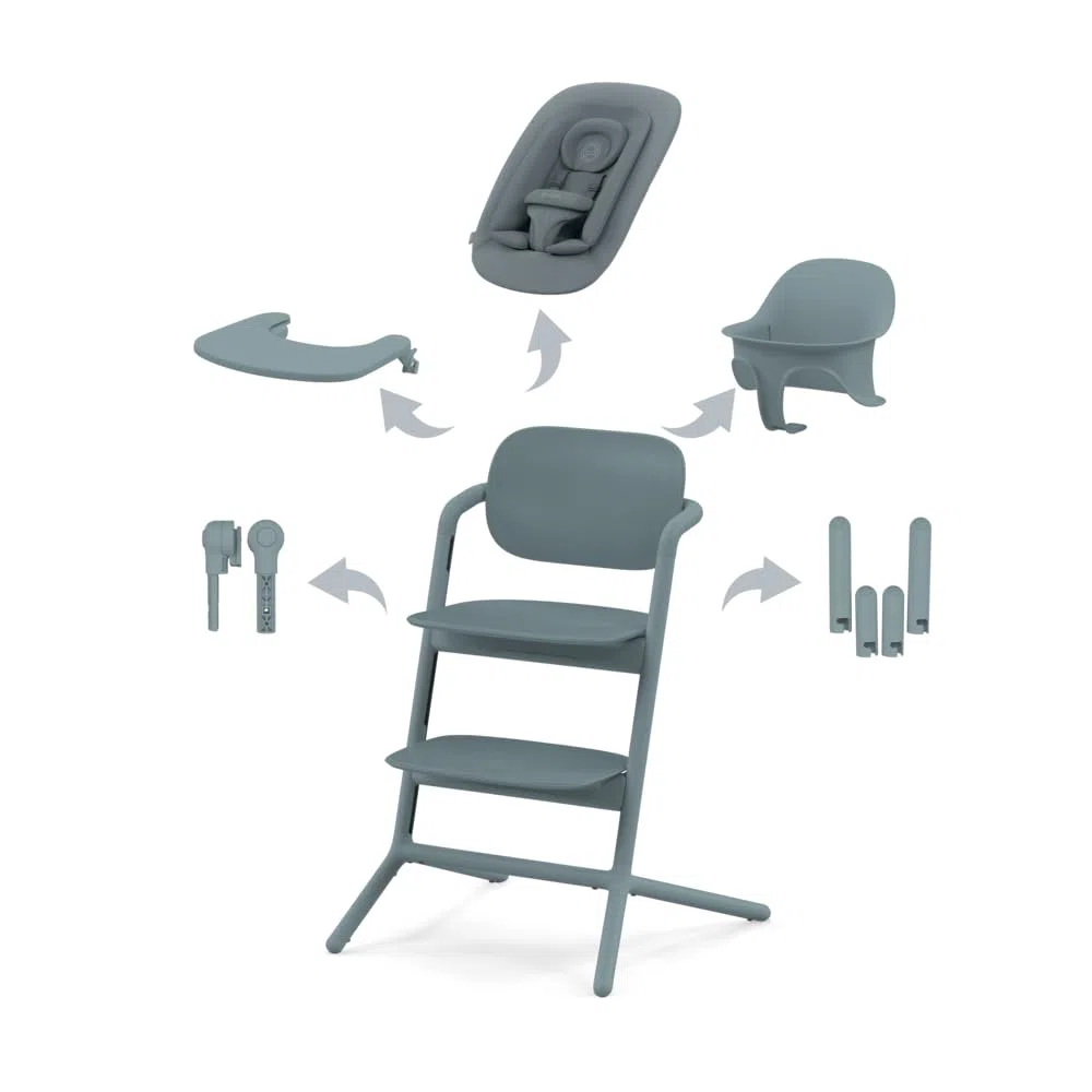 CYBEX Gold LEMO Seggiolone 4-in-1, 0 - 99 Anni, Dalla Nascita, Include Sdraietta, Sedile per Bambini, Vassoio, Riduttore per Neonati, Poggiatesta e Adattatore, Alluminio/Plastica, Stone Blue (Blu)
