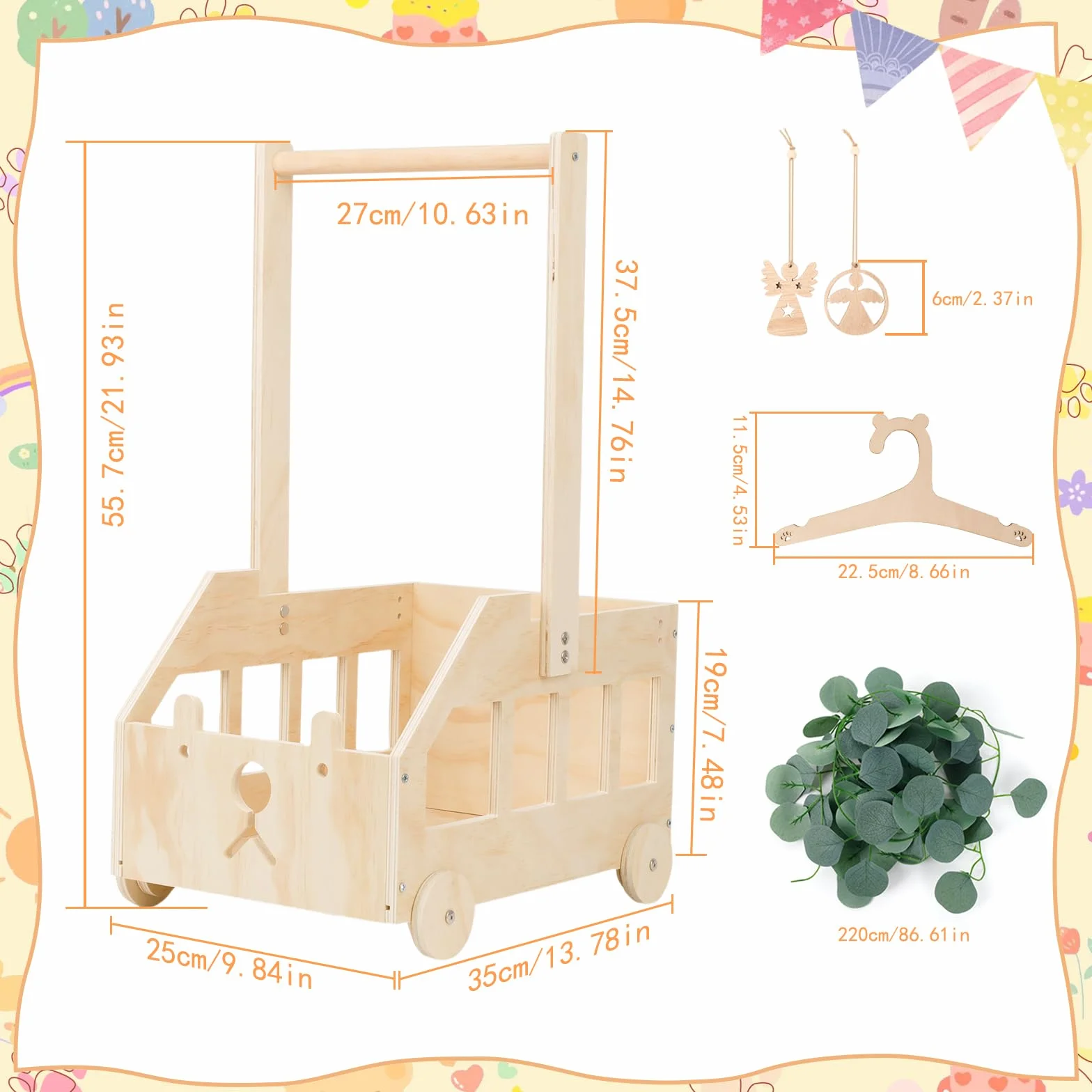 Wooden Baby Basket Cesto Baby Shower con Manico Cestino in Legno per Baby Shower con Ruote Cesta Giochi Bambini in Legno Cesto Portagiochi Bambini con Tag e Appendiabiti Cesto Nascita Bimba