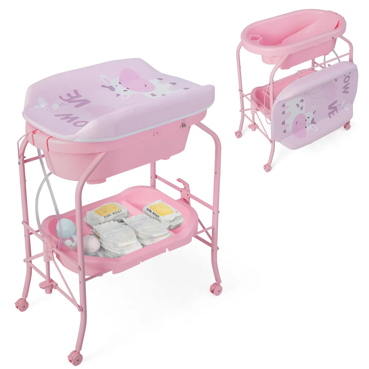 LIFEZEAL Vaschetta Bagnetto Neonato, 0-12 Mesi, con Fasciatoio, Vaschetta Bagnetto Neonato Pieghevole, con Materassino Fasciatoio, Ripiano Portaoggetti e Ruote, Portata 35 kg (rosa)