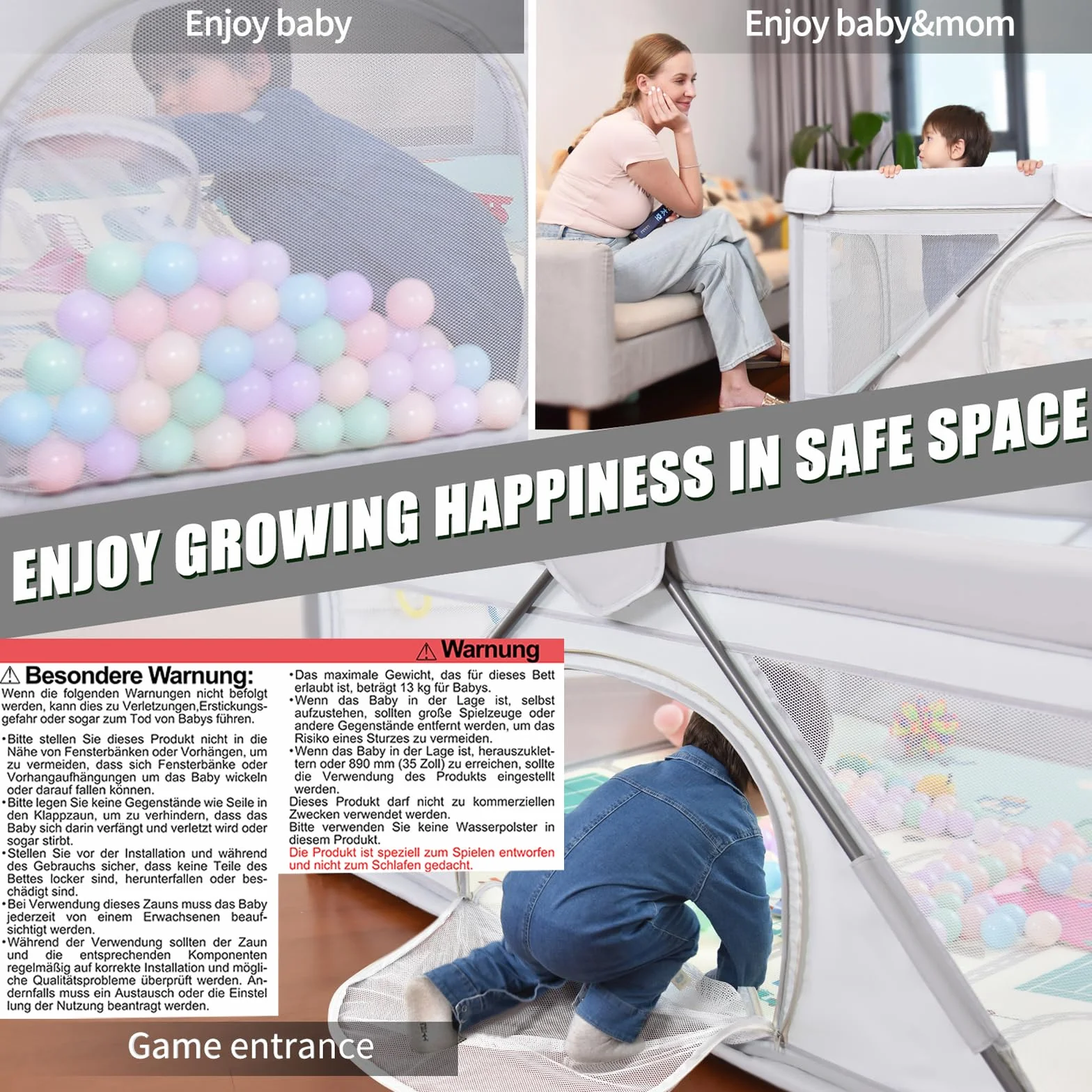 Baby Playpen pieghevole, Heyo.Ja grande cortile di gioco, Playpen per bambini e bambini, Penne da gioco per bambini e bambini con cancello, Indoor & Outdoor penna da gioco portatile (180×180cm)