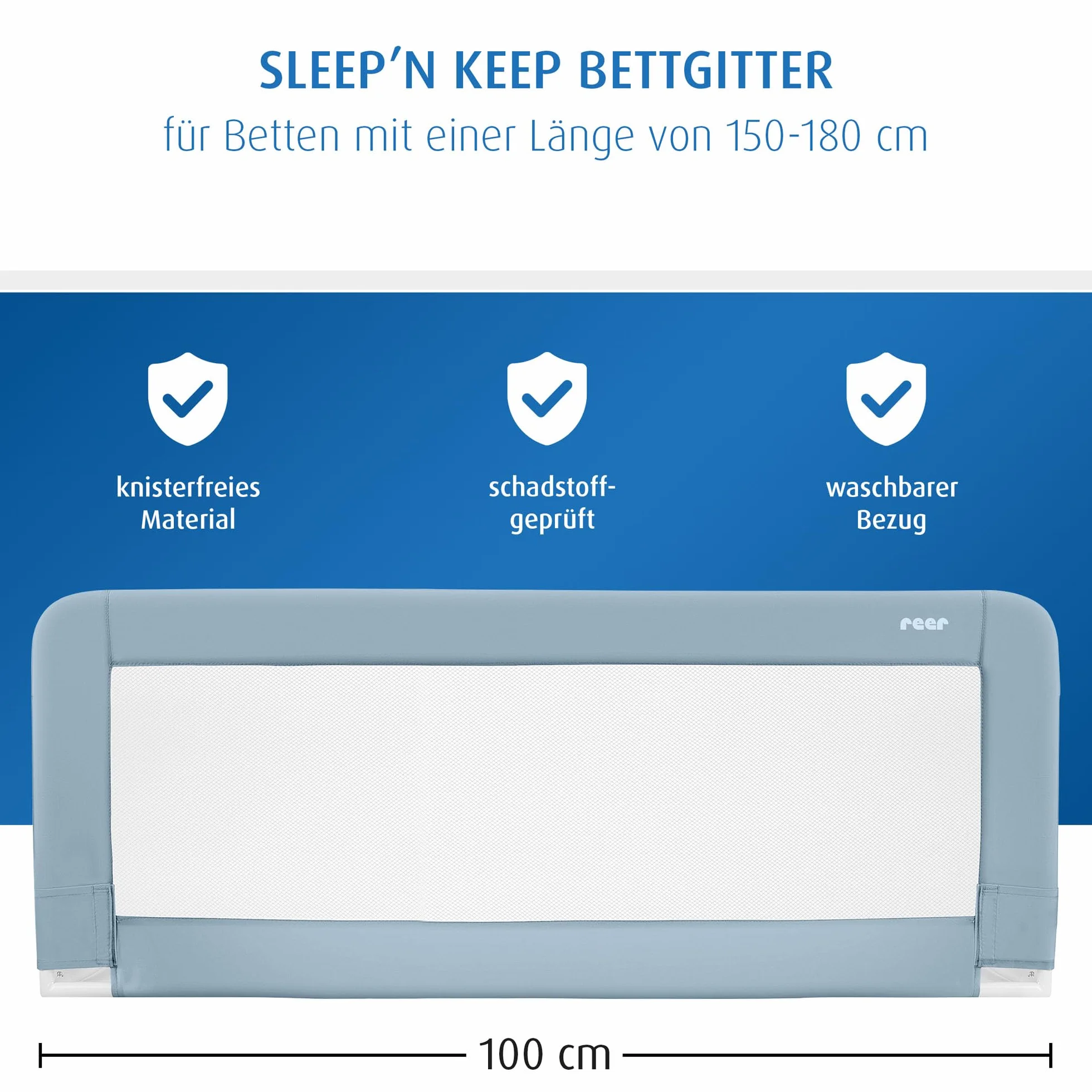 Reer Sleepn Keep, protezione anticaduta per culle, lunghezza 100 cm per letti con una lunghezza di 150-180 cm