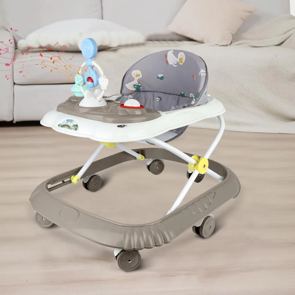 Girello Bambino Primi Passi per Bambini da 6 Mesi a 15 kg, Regolabile in Altezza, girello pieghevole per bambini con vassoio di gioco interattivo con suoni, 67 * 72 * 92cm - Cachi (B)