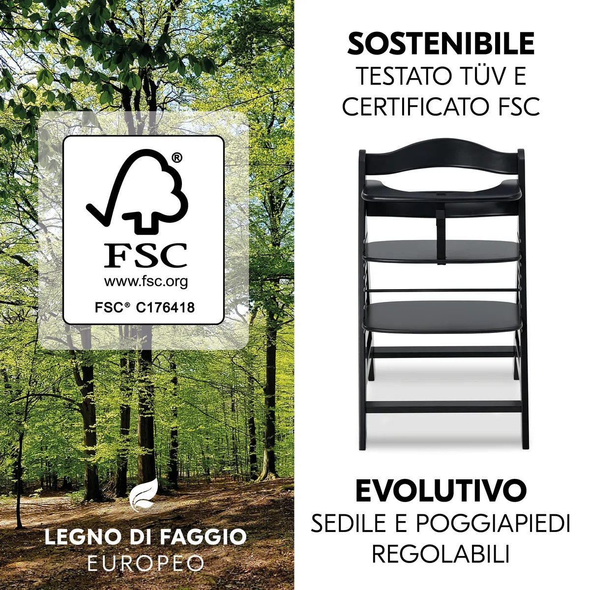 hauck Seggiolone Pappa Alpha Plus Set Newborn - Seggiolone Pappa Bimbi in Legno, Evolutivo con Sdraietta Neonato 2in1 e Cuscino - Nero