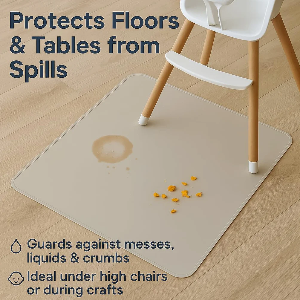 Tappetino in Silicone 100x100 cm – Antimacchia, Impermeabile, Antiscivolo – Tappeto Multiuso per Bambini, Sotto Seggiolone, Svezzamento, Giochi, Attività Creative – Senza BPA