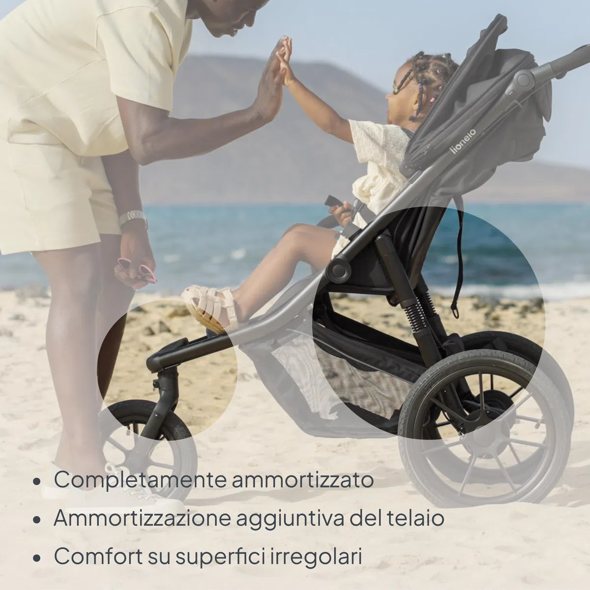 LIONELO AZURA Passeggino compatto da 6 mesi a 22 kg Passeggino a Tre Ruote, Schienale Regolabile Completamente Reclinabile Grandi Ruote Gonfiabili Sospensione Completa Cappottina XXL