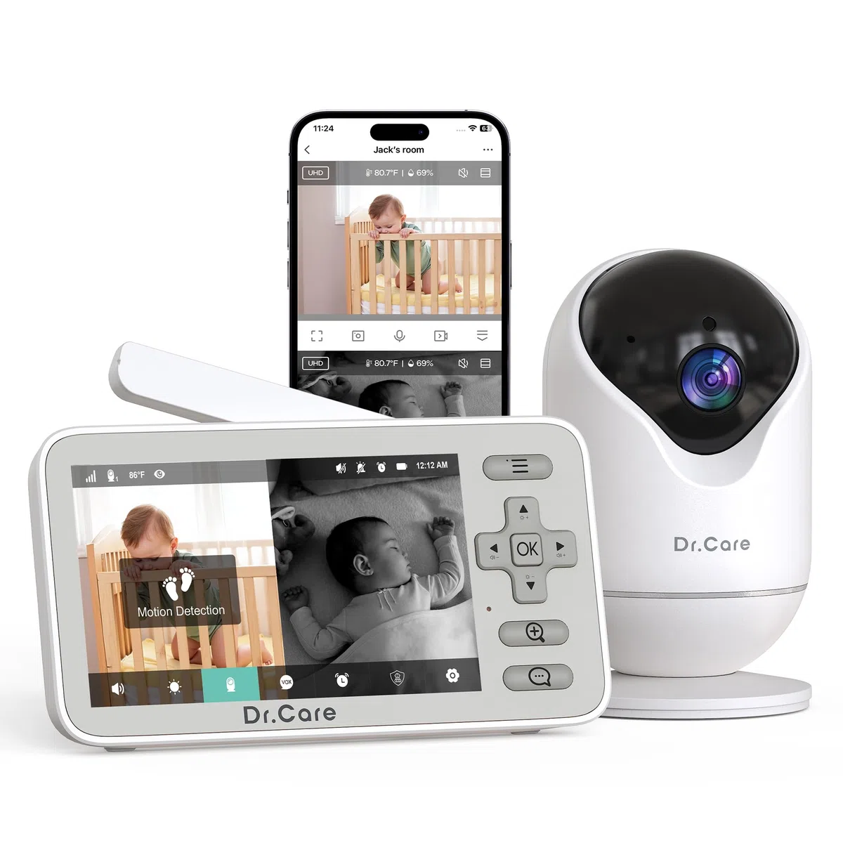 Dr.Care Smart WiFi Baby Monitor VistaView Lite, Schermo 4" 720P, Fotocamera 1080P, App, Allarmi Movimento, Visione Notturna, Batteria 3000mAh, Portata 390m (4" Baby Monitor + 1 Telecamere)
