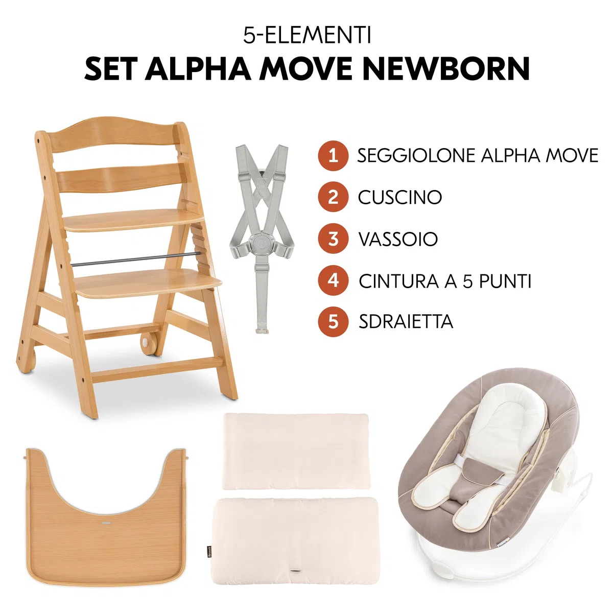 hauck Sediolone Pappa Alpha Move Newborn Set - Seggiolone Pappa Legno Evolutivo Da 0 Mesi con Sdraietta Dondolo Neonati, Cuscino e Vassoio - Legno, Beige