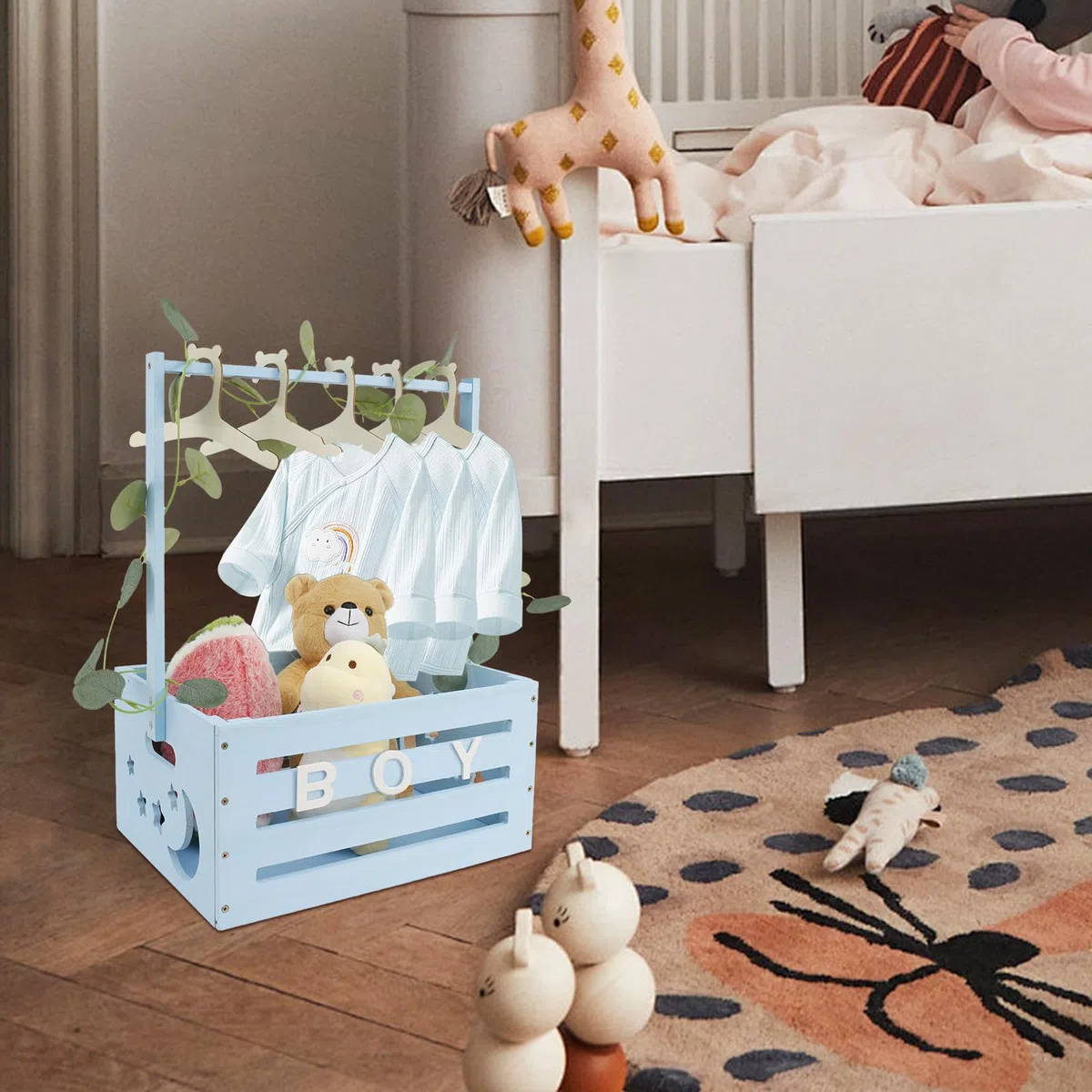 Armadietto per baby shower, cestino in legno con 10 ganci e ghirlanda verde, cassa con manico, appendiabiti in legno per neonati, ragazze, ragazzi, gravidanza, regalo per neo-genitori (blu)