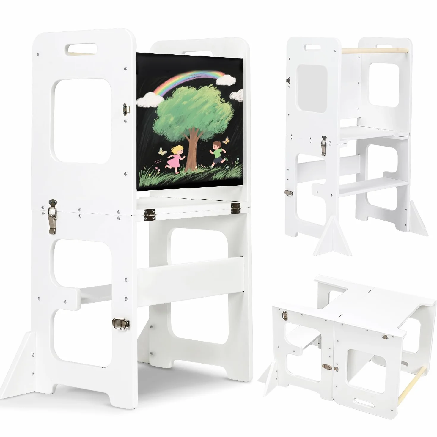 Labebe Torre Montessoriana Pieghevole 3-in-1 Apprendimento con Tavolo da Disegno Legno per Bambini 18+ Mesi Bianco