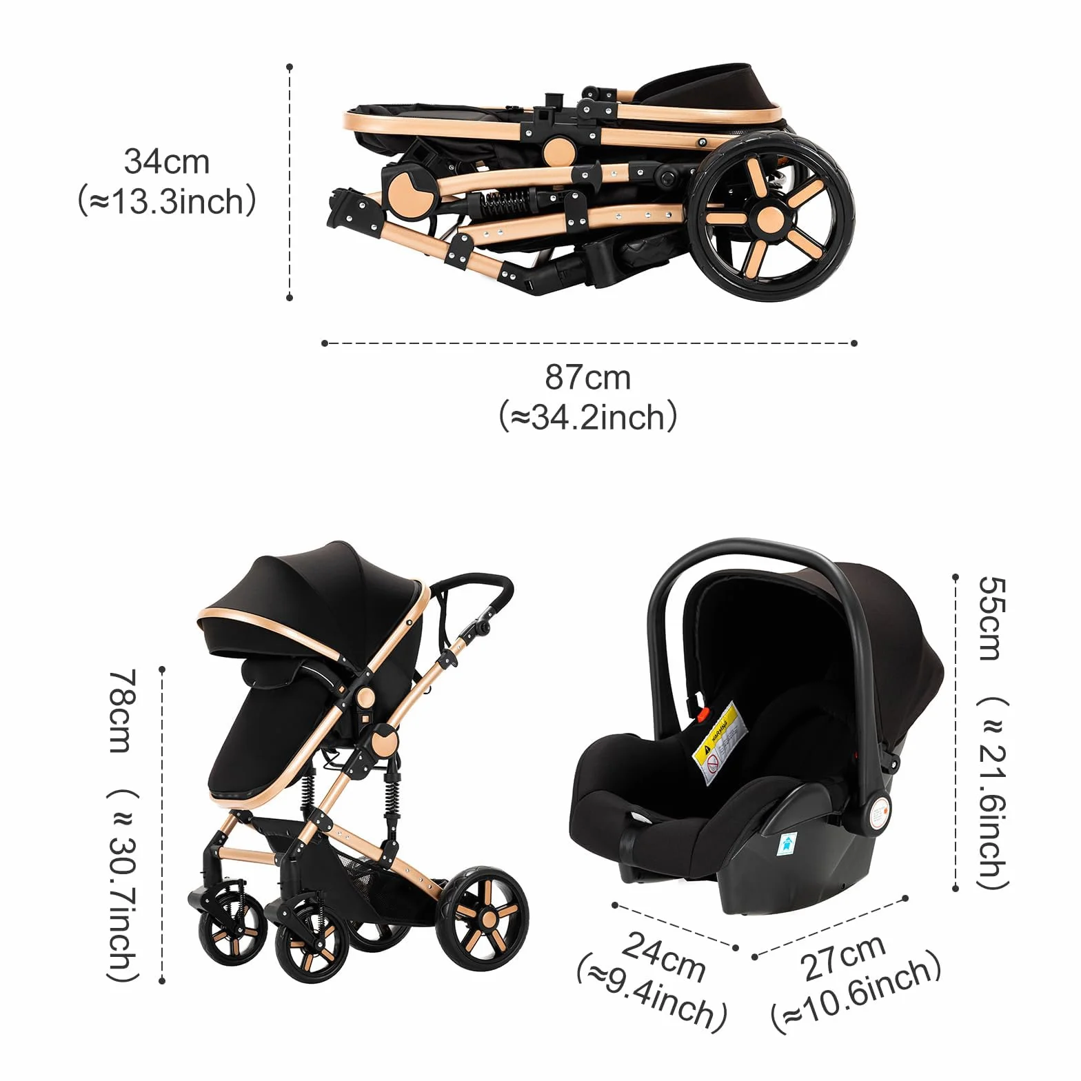 Passeggino Trio 3 in 1 Pieghevole con Telaio Alluminio (588 Black Gold)