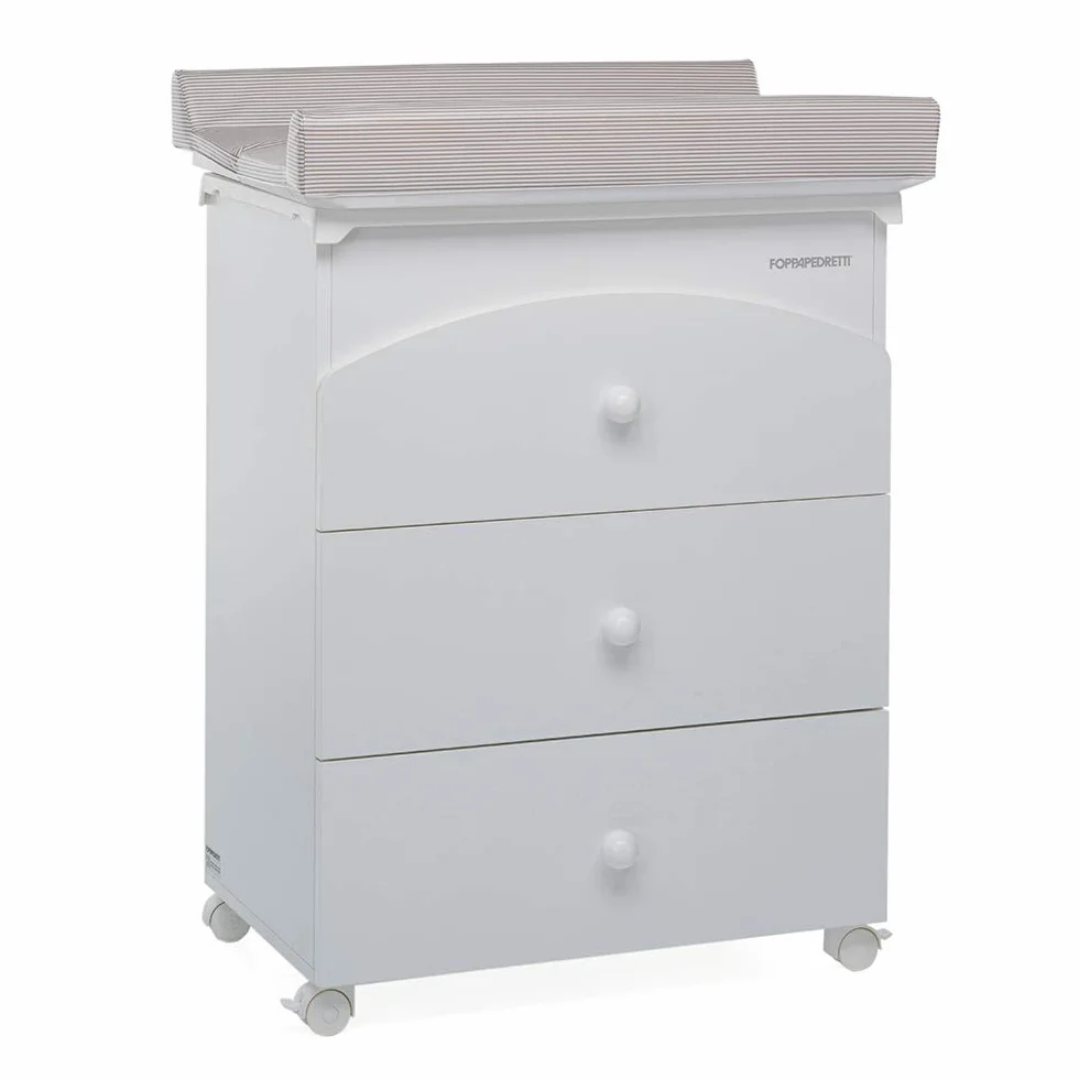 Foppapedretti Bagnetto Fasciatoio IlBagnetto, Legno, 3 Cassetti, Piano Ribaltabile, Vaschetta Anatomica Estraibile, 4 ruote, Materassino Incluso, 89x46x69 cm, Bianco