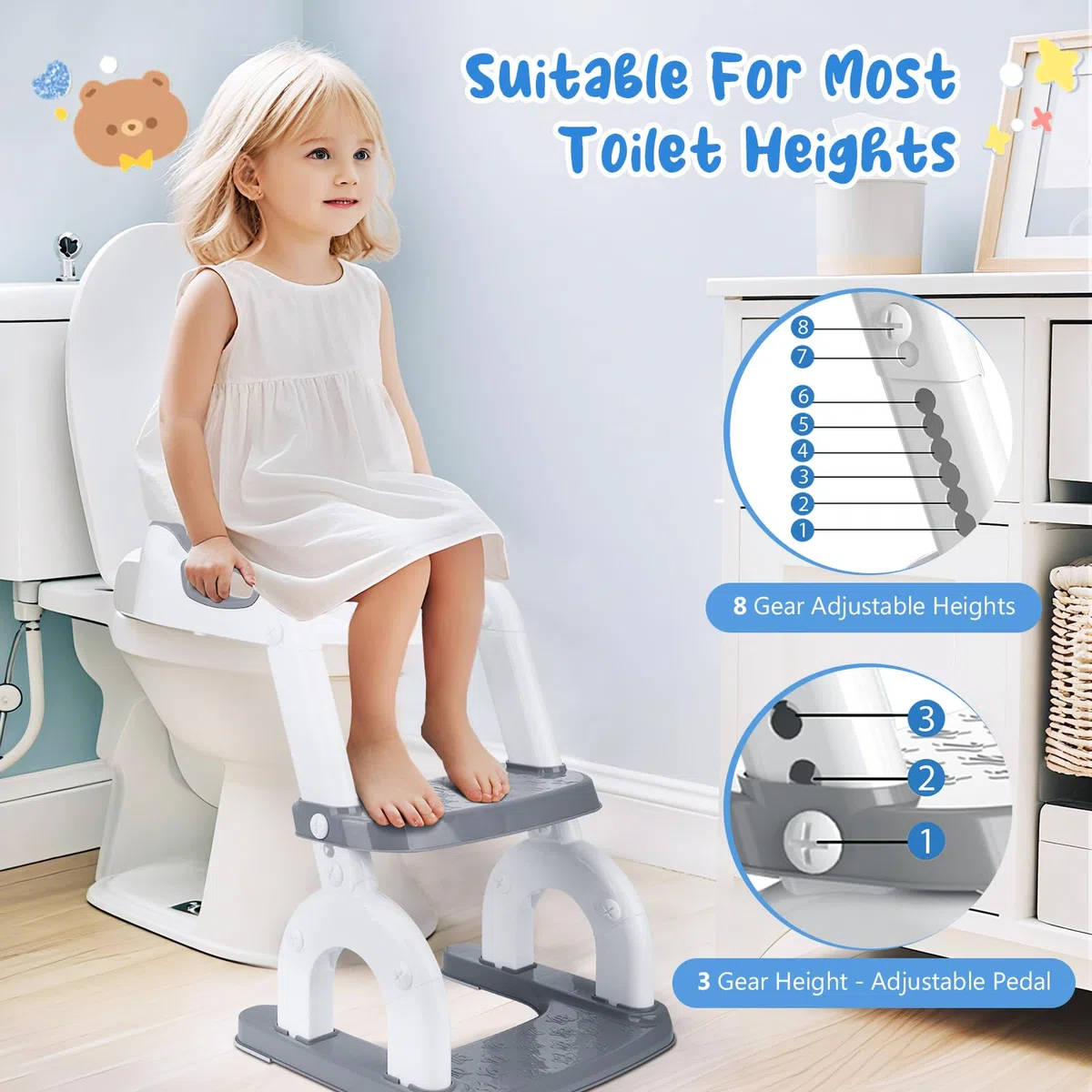 Sedile WC per bambini con scale, sedile WC regolabile in altezza, sedile WC pieghevole per bambini, vasino antiscivolo con gradini, comodo allenatore WC a partire dai 2 anni in su