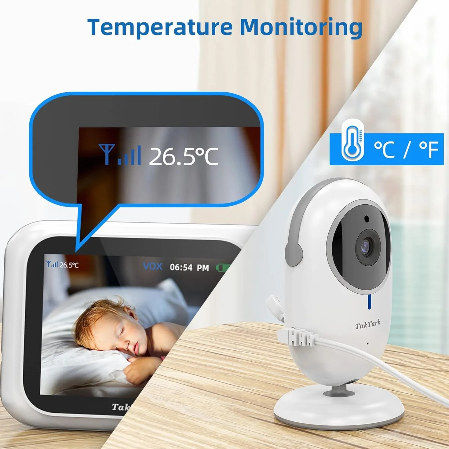 TakTark Baby Monitor Video e Audio, 3.2'' IPS 750mAh Telecamera Bambini con Monitor Video Baby Monitor Videocamera VOX, Visione notturna, Comunicazione Bidirezionale Sensore di temperatura