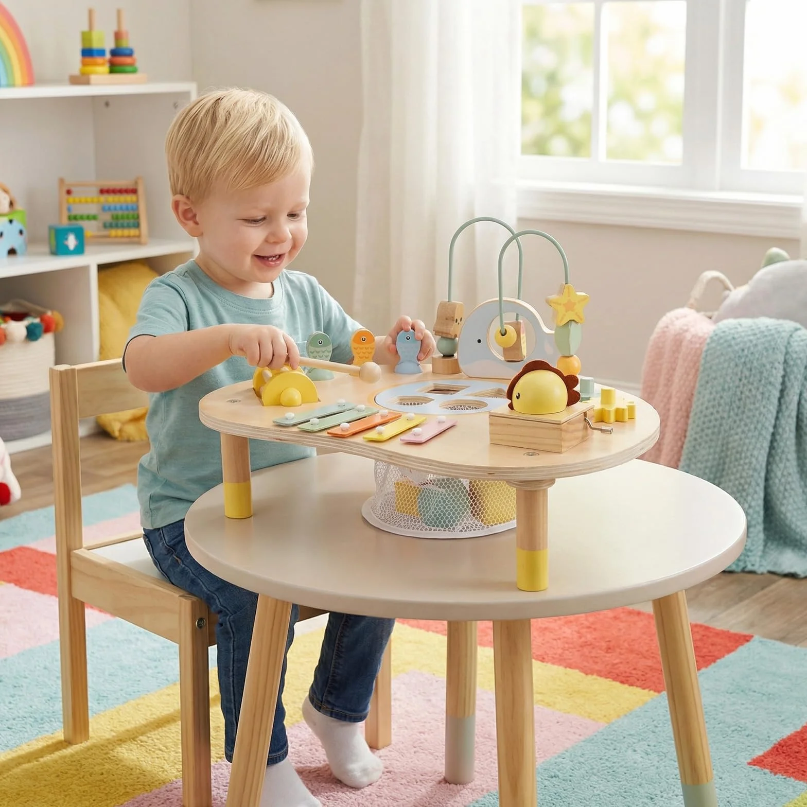 COSTWAY Centro di Attività Musicale in Legno Tavolo Multiattività Bambini 7-in-1 con Labirinto di Perle Xilofono Giochi Montessori