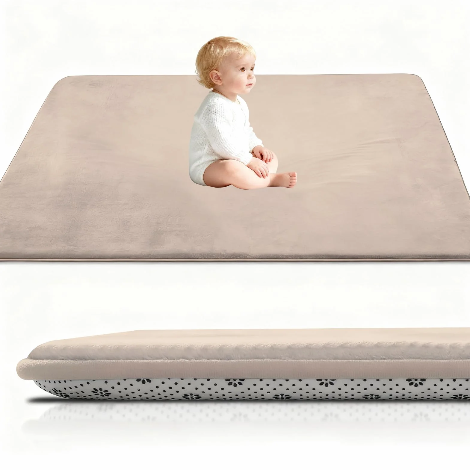 Tappetino da gioco per bambini in velluto di corallo spesso 3 cm Tappeto for gattonare e giocare, antiscivolo 150 x 150 cm Marrone Chiaro per bambini e neonati, tappetino per bambini per pavimento