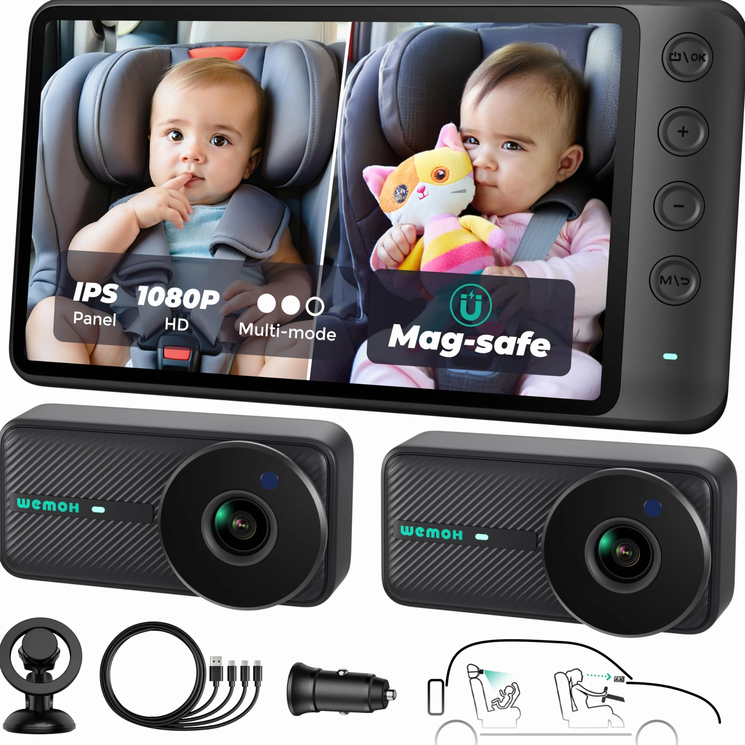 Telecamera Magnetica Doppia per Auto per Bambini, Display IPS 1080P con Supporto Magnetico, 3 Modalità (Zoom/Specchio/Split), Visione Notturna Automatica, Telecamera per Auto USB per Bambini a