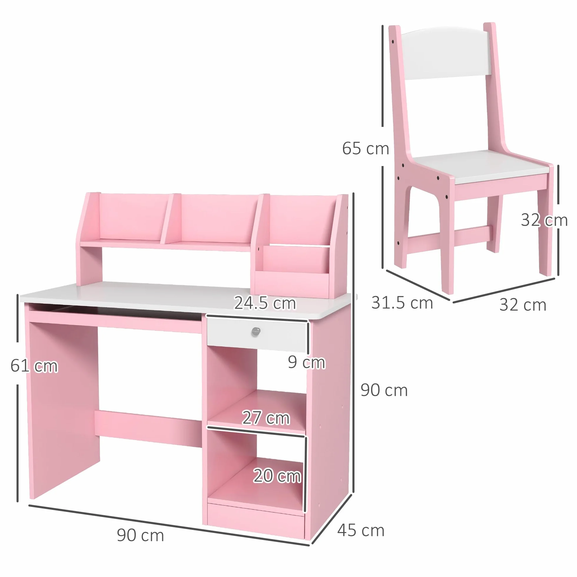 ZONEKIZ Set di scrivania e sedia per bambini 2 pezzi con cassetto per tastiera, rosa