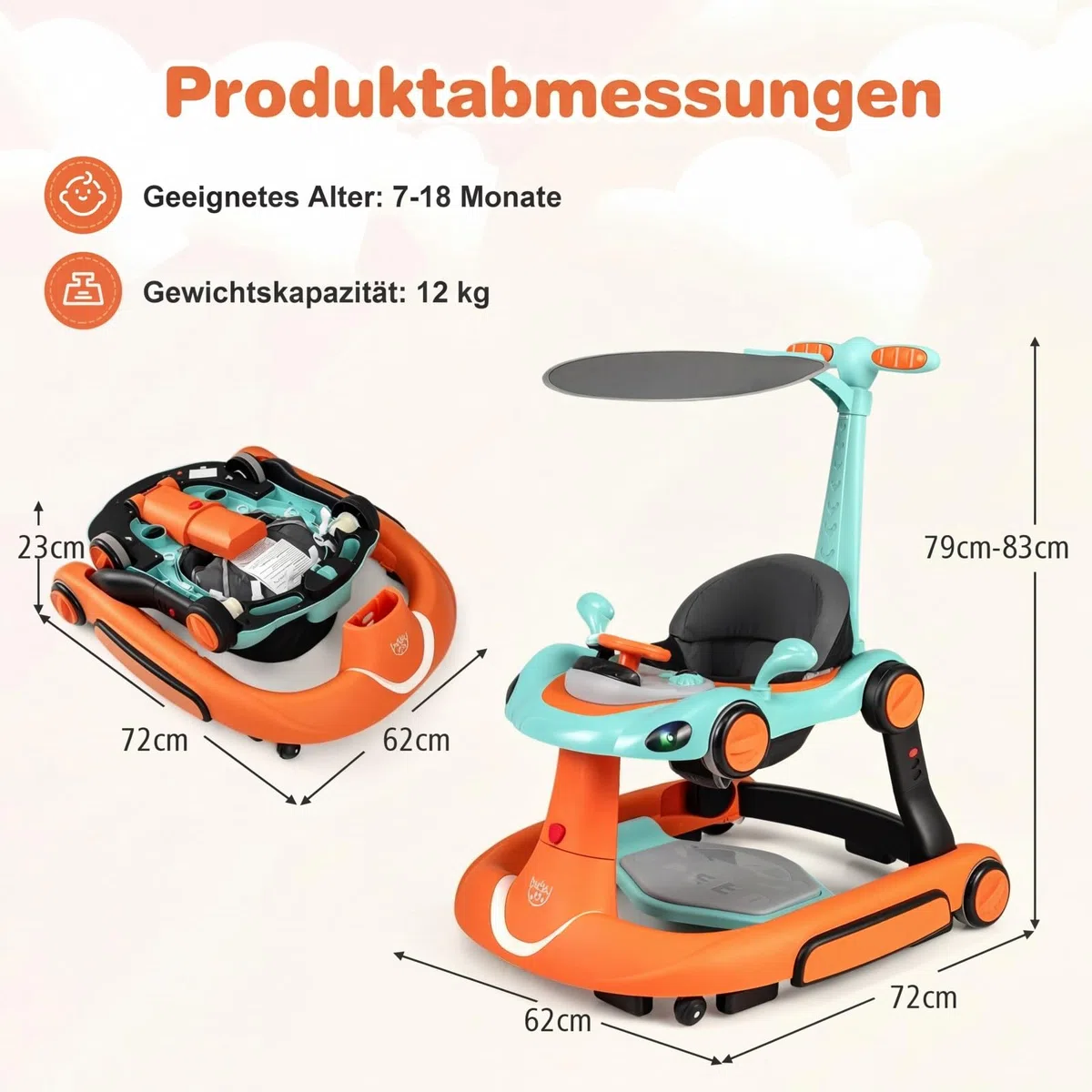 GIANTEX Girello per Bambini 7-18 Mesi 7 in 1, Baby Walker con Tettuccio, Vassoio di Giochi, Carillon, Luci, Primi Passi Piegevole, Altezza e Velocità Regolabili, Carrello da Spinta (Arancione + Verde)