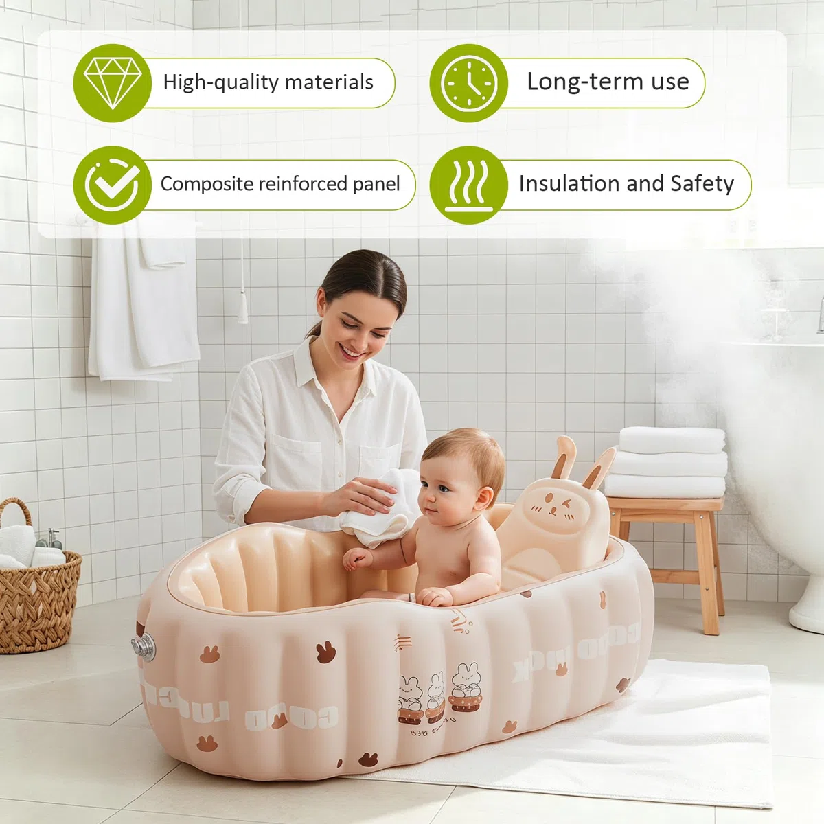 Vasca da bagno gonfiabile per bambini, con schienale e pompa ad aria, antiscivolo, per viaggi e casa, piatto doccia portatile con sedile per 0-18 mesi (rosa)