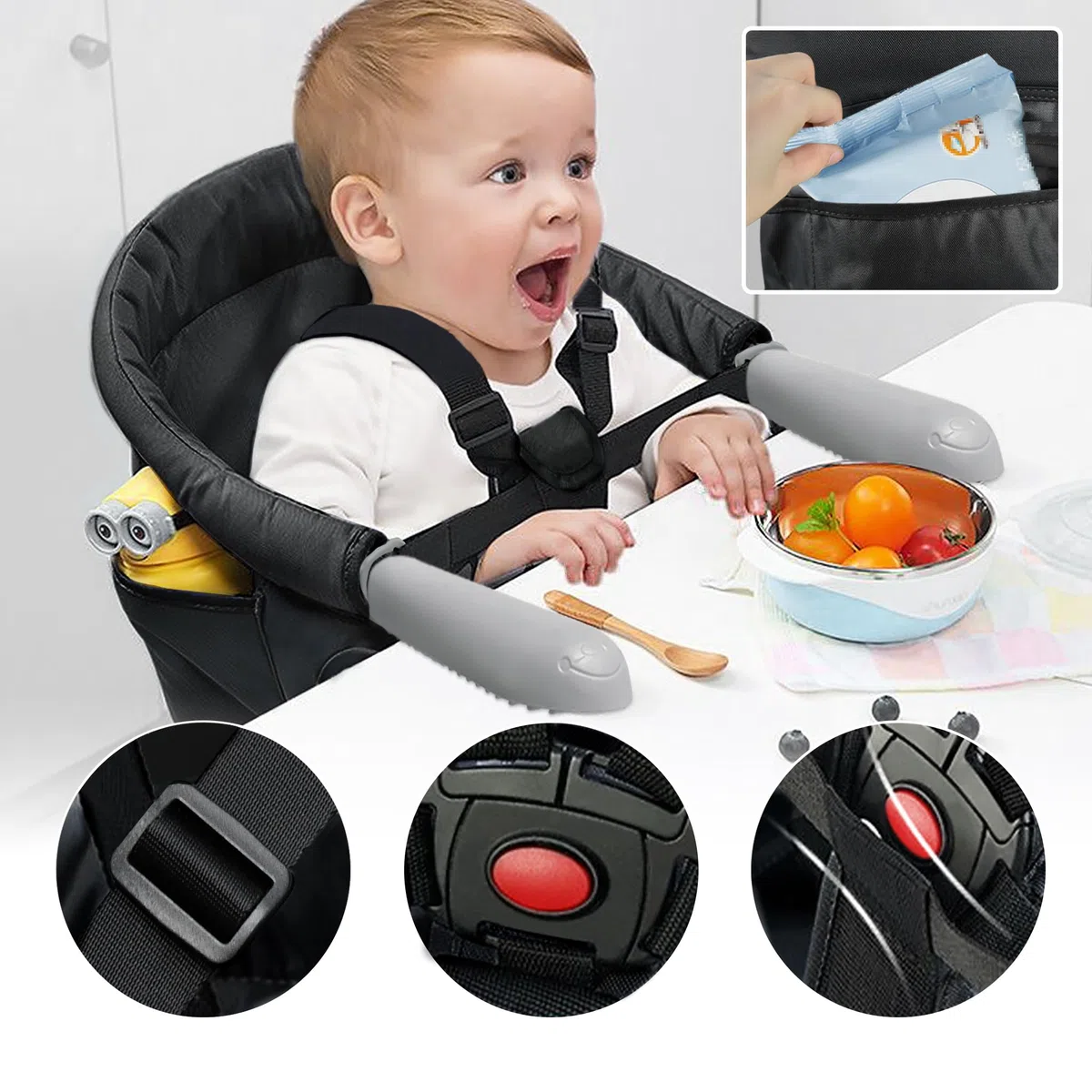 XMTECH Seggiolino da tavolo pieghevole per bambini, seggiolone, per il fissaggio al tavolo, struttura stabile, sedia da tavolo imbottita con tasca, colore nero