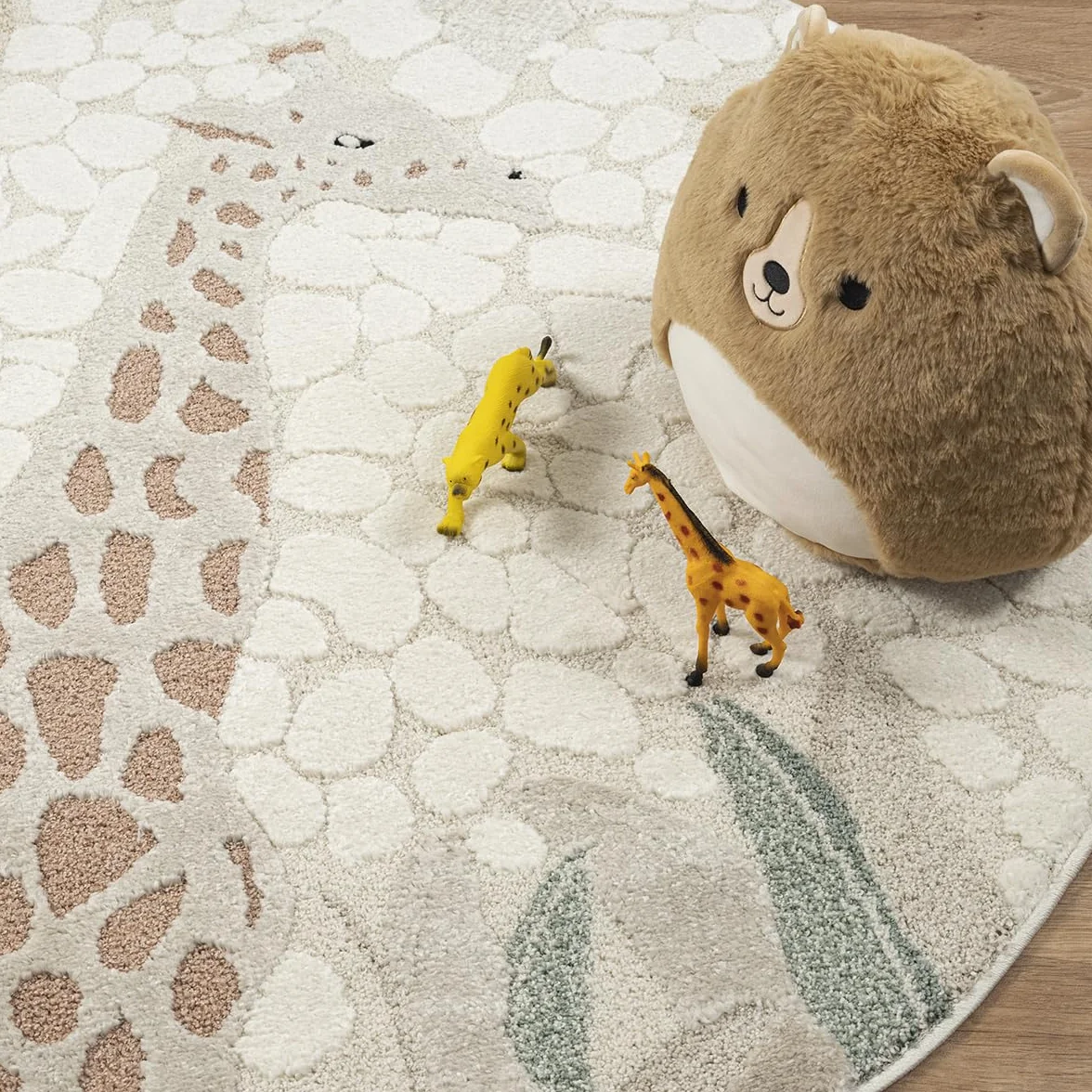 the carpet Jungle Kids Tappeto per cameretta dei bambini, effetto 3D, facile da pulire, resistente, giraffa, 120 cm, rotondo