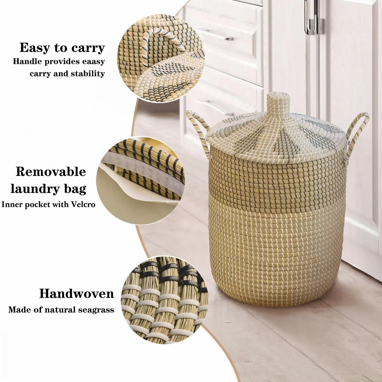 3 Set di cesti per biancheria intrecciati con coperchio, di varie dimensioni 76L+43L+26L, cesto con tasche e manici, cesti portaoggetti in zostera realizzati a mano, per biancheria o coperte in bagno