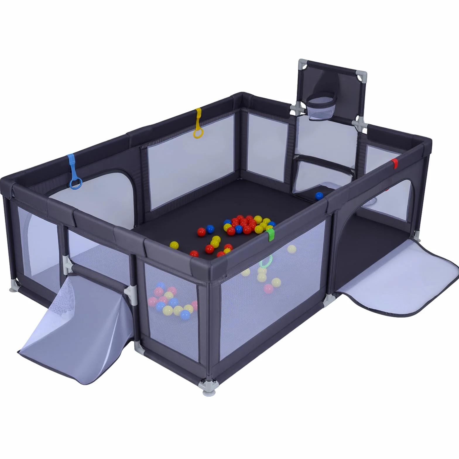 COSTWAY Box Neonati 210x150 cm Recinto Bambini Pieghevole con Canestro Basket 2 Porte Calcio Parco Giochi 50 Palline 4 Anelli Borsa Trasporto Grigio Scuro