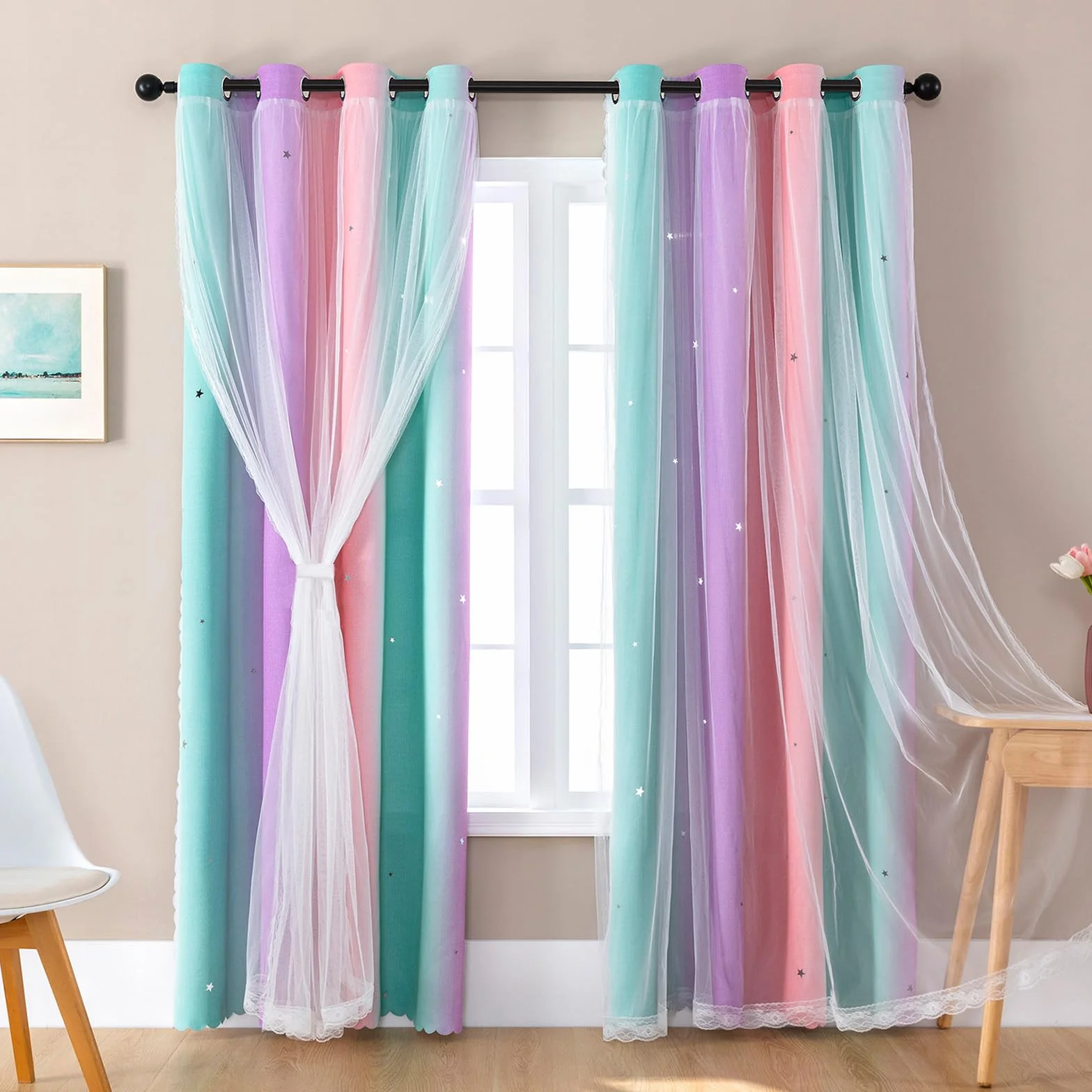 Tende per Camera da Letto 213cm Doppio Strato Star Cutout Arcobaleno Pink PurpleGreen