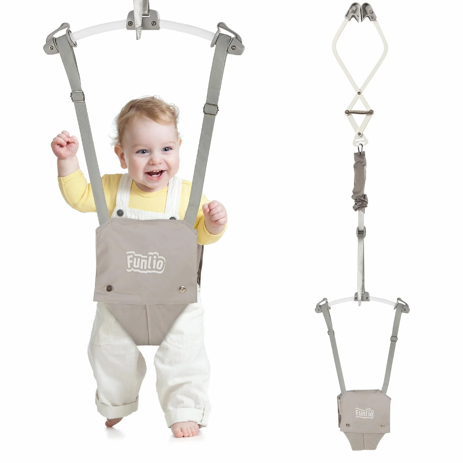 FUNLIO Sdraietta per Porta Baby per 6-24 Mesi (con Morsetto per Porta), Porta Baby Jumper con Molla Robusta/Cinghia Regolabile, Facile da Montare e Riporre, Portata 18 kg, Certificato CE CPC - Grigio