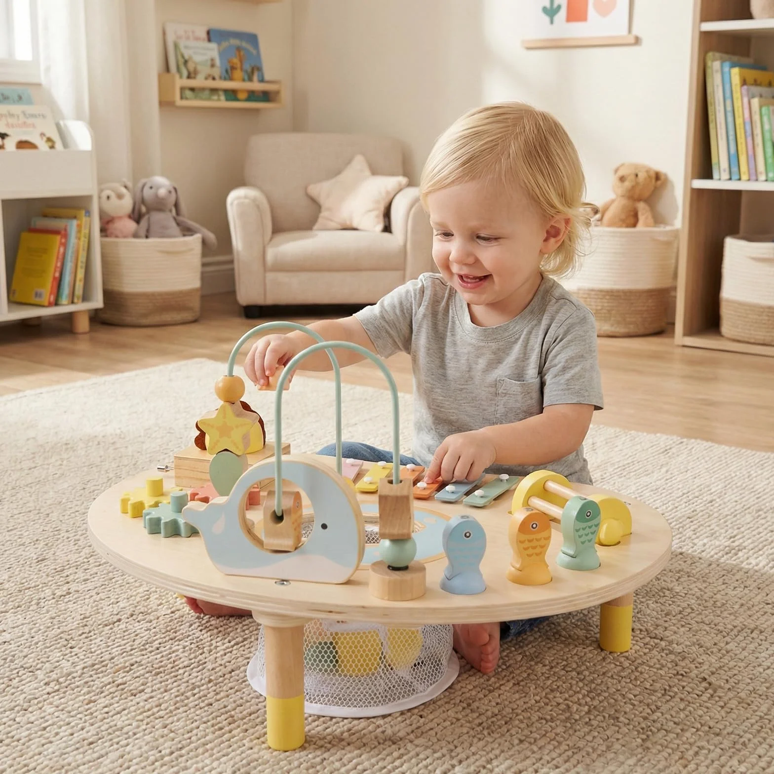COSTWAY Centro di Attività Musicale in Legno Tavolo Multiattività Bambini 7-in-1 con Labirinto di Perle Xilofono Giochi Montessori
