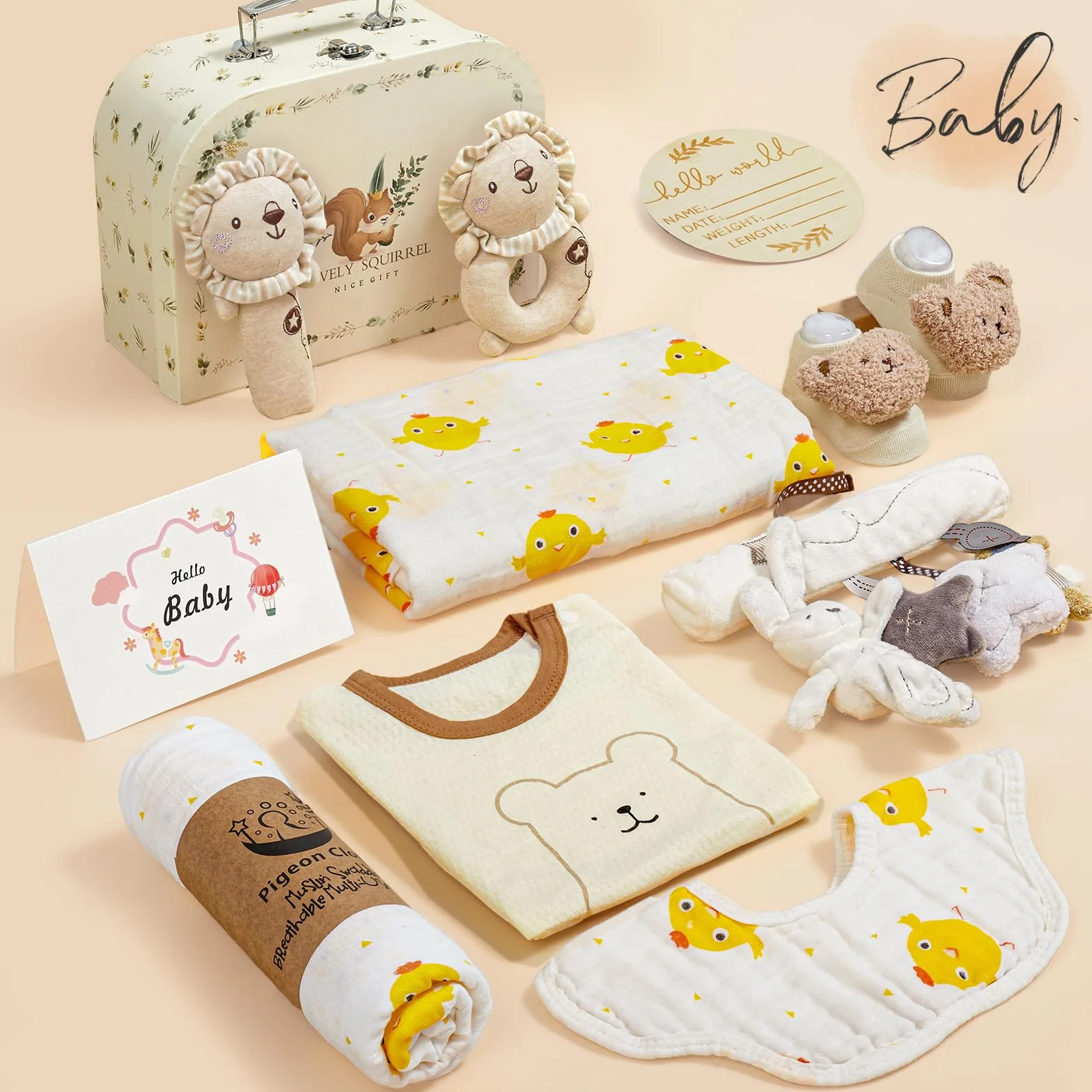 Vamei Regalo Nascita Bimba Bimbo con Pagliaccetto Neonato Asciugamani da Bagno Bavaglino Calzini Antiscivolo Sonaglio Set Regalo Neonato Nascita Regalo Baby Shower Unisex