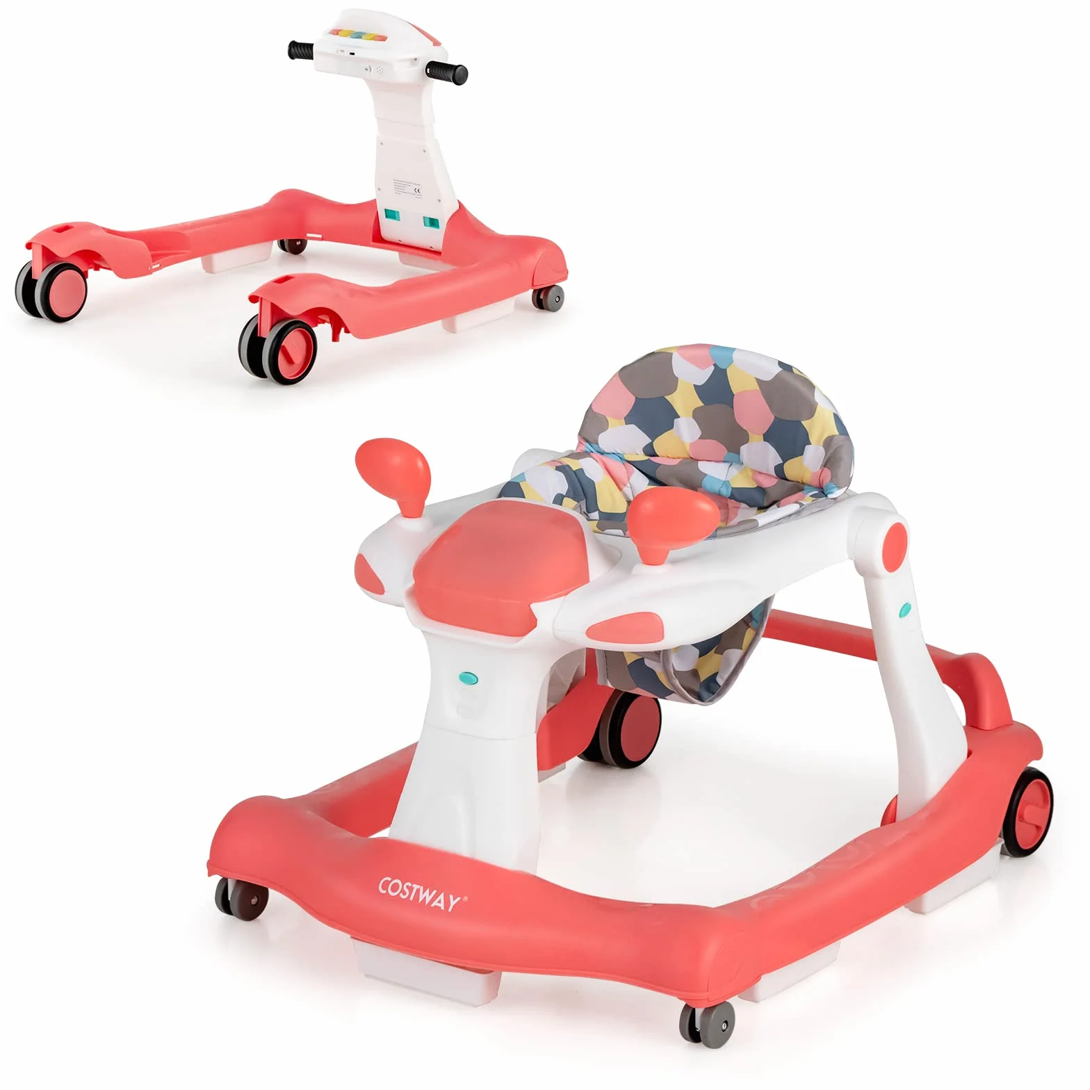 COSTWAY Girello per bambini 2 in 1, Girello con Altezza e Velocità Regolabili, Carillon con Luci e Cuscino Comodo, Primi Passi per Bambini 6-18 Mesi, Capacità di carico: 15 kg (Arancia)