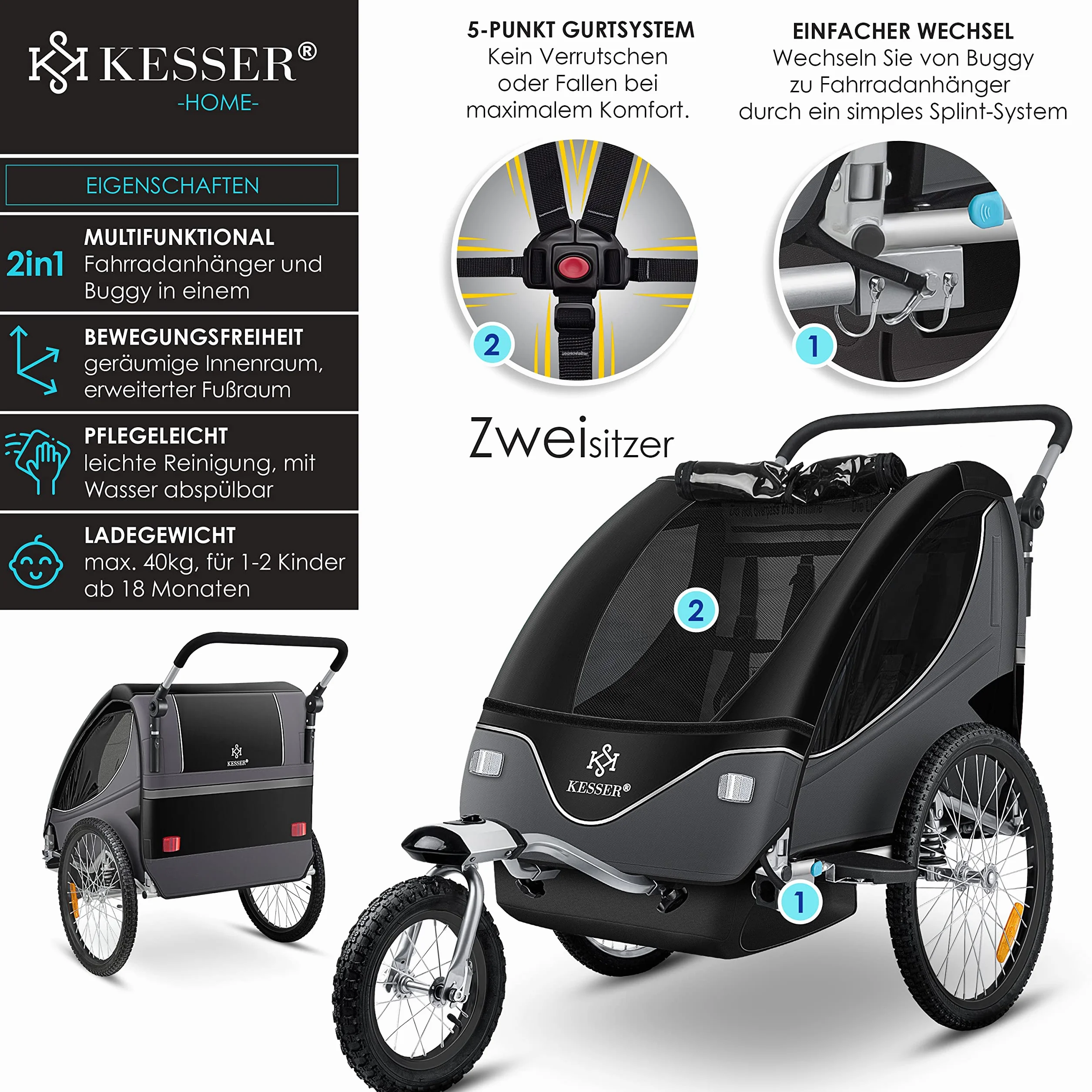 KESSER® Rimorchio per Bambini 2in1 Jogger, Ruotabile a 360°, Sospensioni, Cintura 5 Punti, max. 40kg