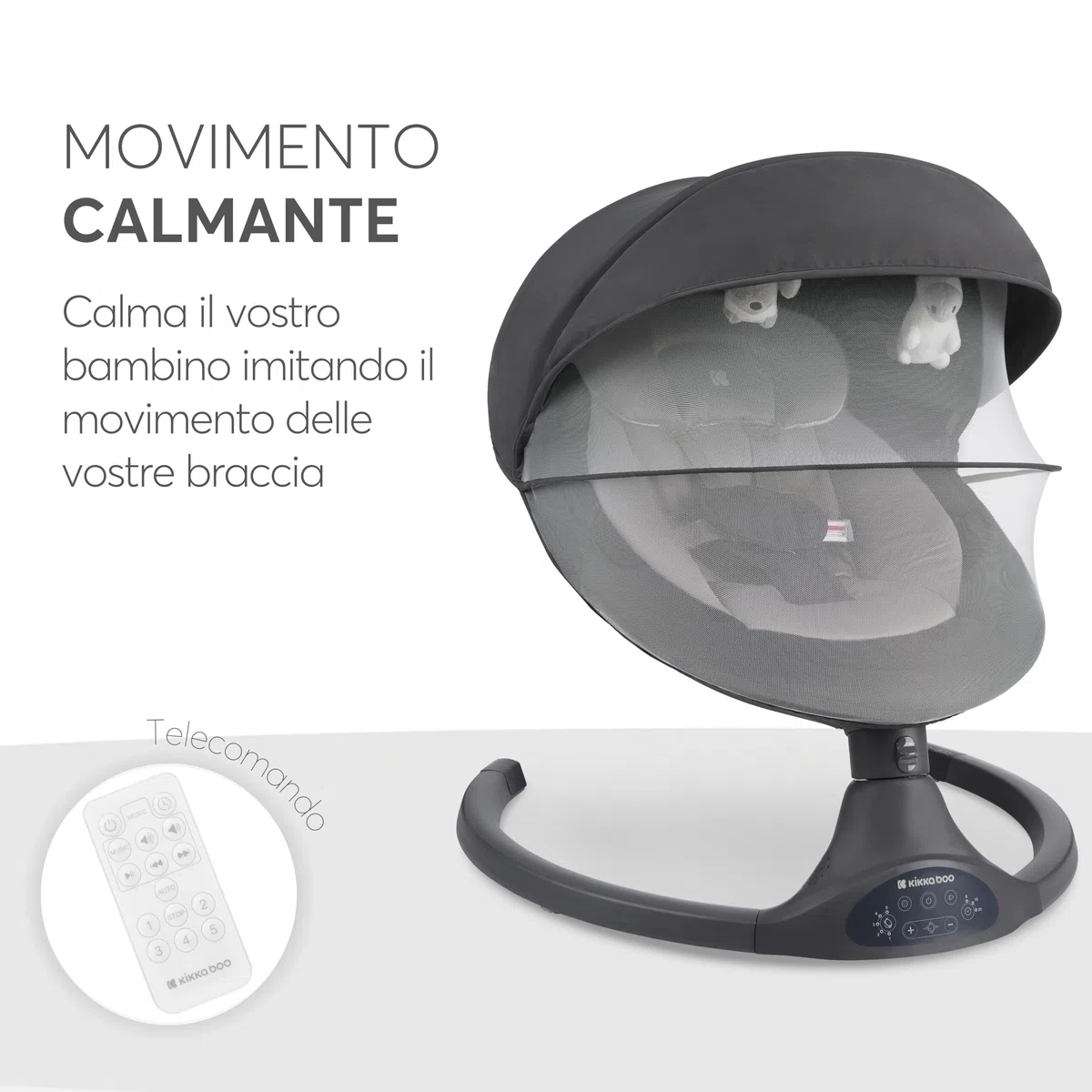Sdraietta Neonati Elettrica KikkaBoo CODIE, Dondolo Elettrico per Neonati con Bluetooth, 5 Velocità, Schienale Regolabile, 10 Melodie, Fino a 9 kg, Grigio scuro