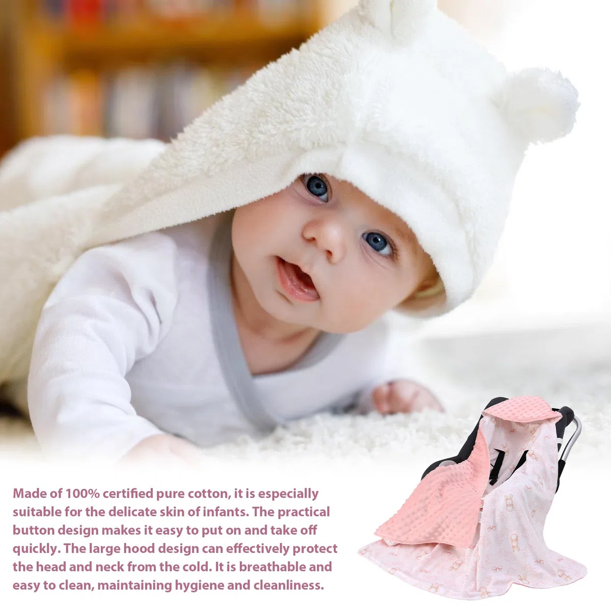 Coperta per Ovetto e Passeggino, Coperta Reversibile in Cotone, Coperta Universale Doppio Lato, per Passeggino, Buggy, Seggiolino Auto - Rosa, 90 x 90 cm