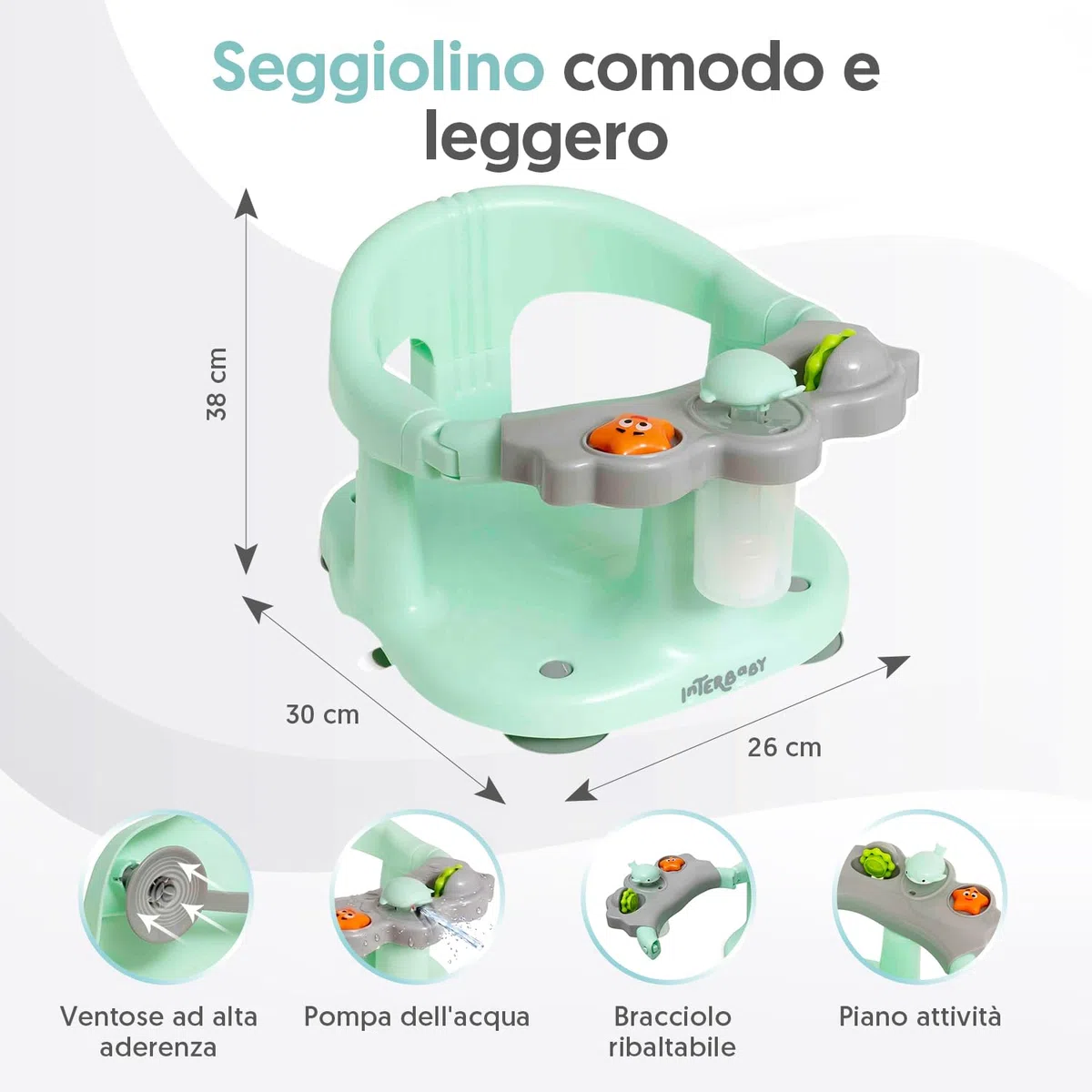 Interbaby Seggiolino da Bagno Bambino Antiscivolo con Ventose | Seggiolino Vasca e Doccia Sicuro ed Ergonomico | Sedia Bagnetto Neonato 6-24 Mesi | Seggiolino Bagno Stabile e Confortevole (Verde)