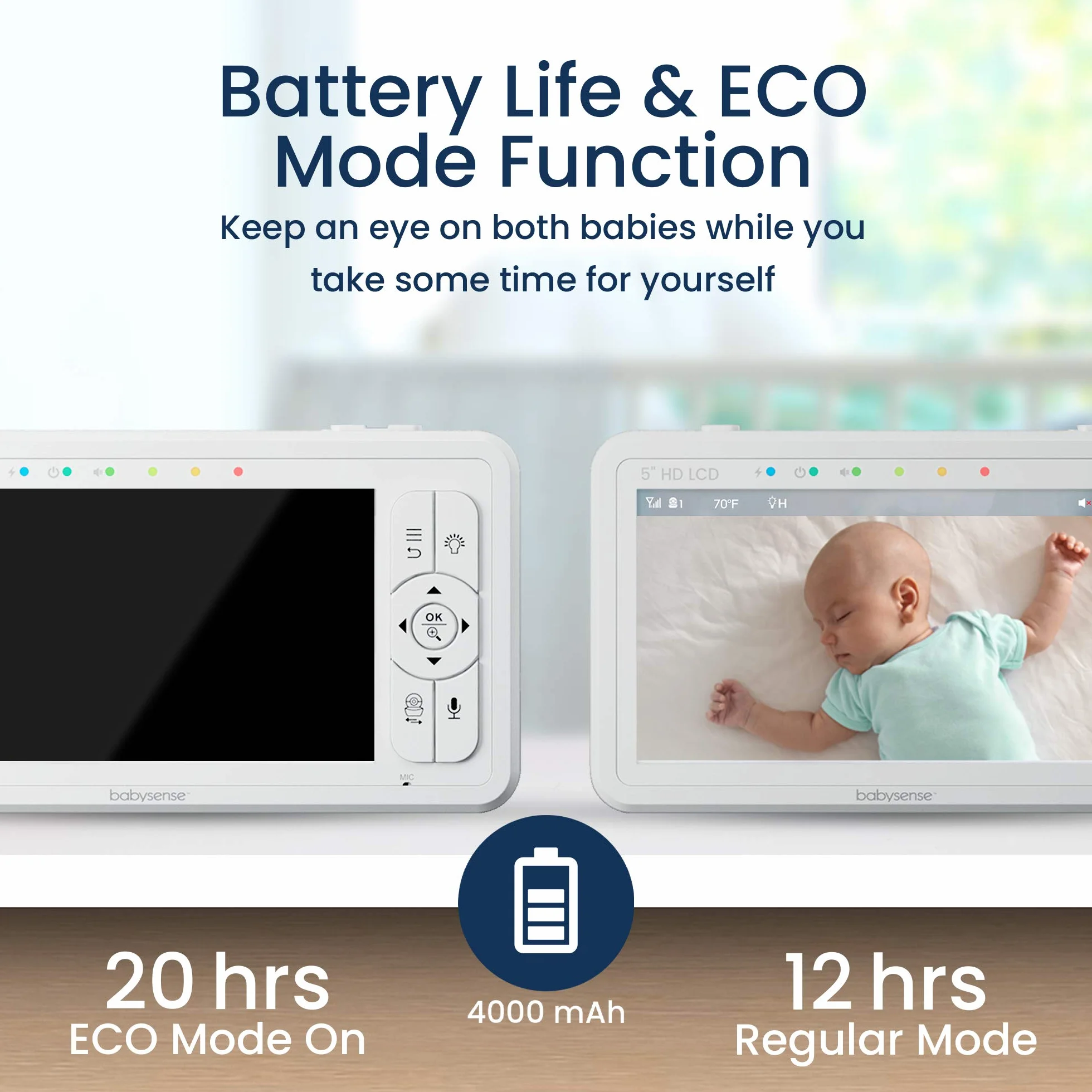 Babysense HDS2 - Monitor video per bambini con fotocamera e audio, baby phone 5" HD 720p, senza WiFi, luce notturna regolabile, portata estesa, audio bidirezionale, zoom 4X, visione notturna, batteria