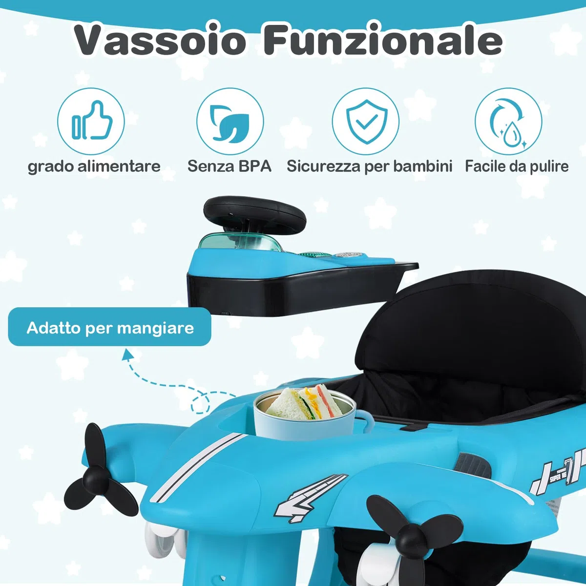 COSTWAY 6 in 1 Girello per Bambini, Girello Pieghevole con Altezza e Velocità Regolabili a 3 Livelli, Vassoio, Musica, Ruote, Luci, Giocattoli Evolutivi per Bambini 6-18 Mesi (Blu)