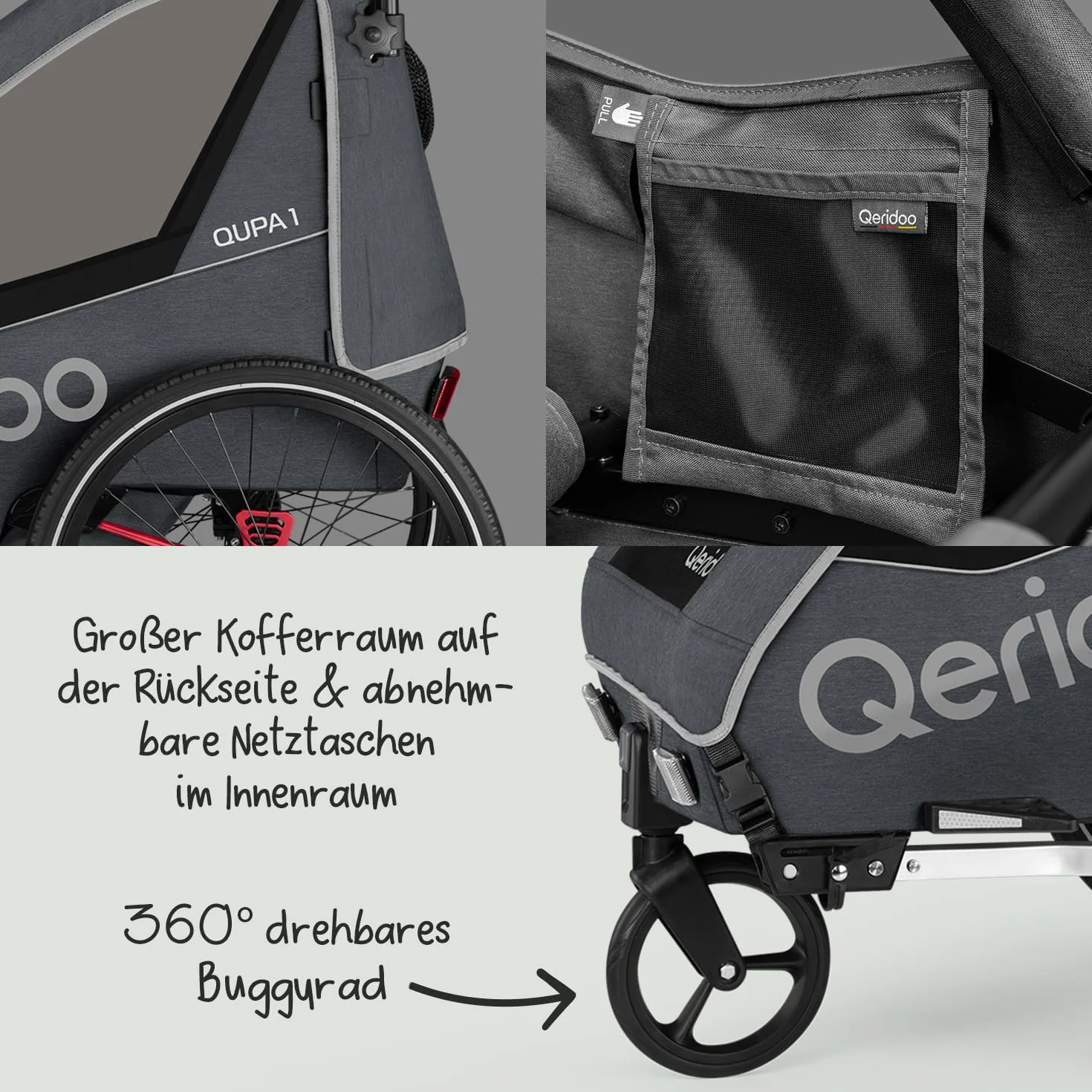 Rimorchi per bicicletta marca QERIDOO. Modello Kinderfahrradanhänger & Buggy QUPA 1 für 1 Kind mit Kupplung, Blattfeder-Dämpfsystem (bis 50 kg) - Grigio