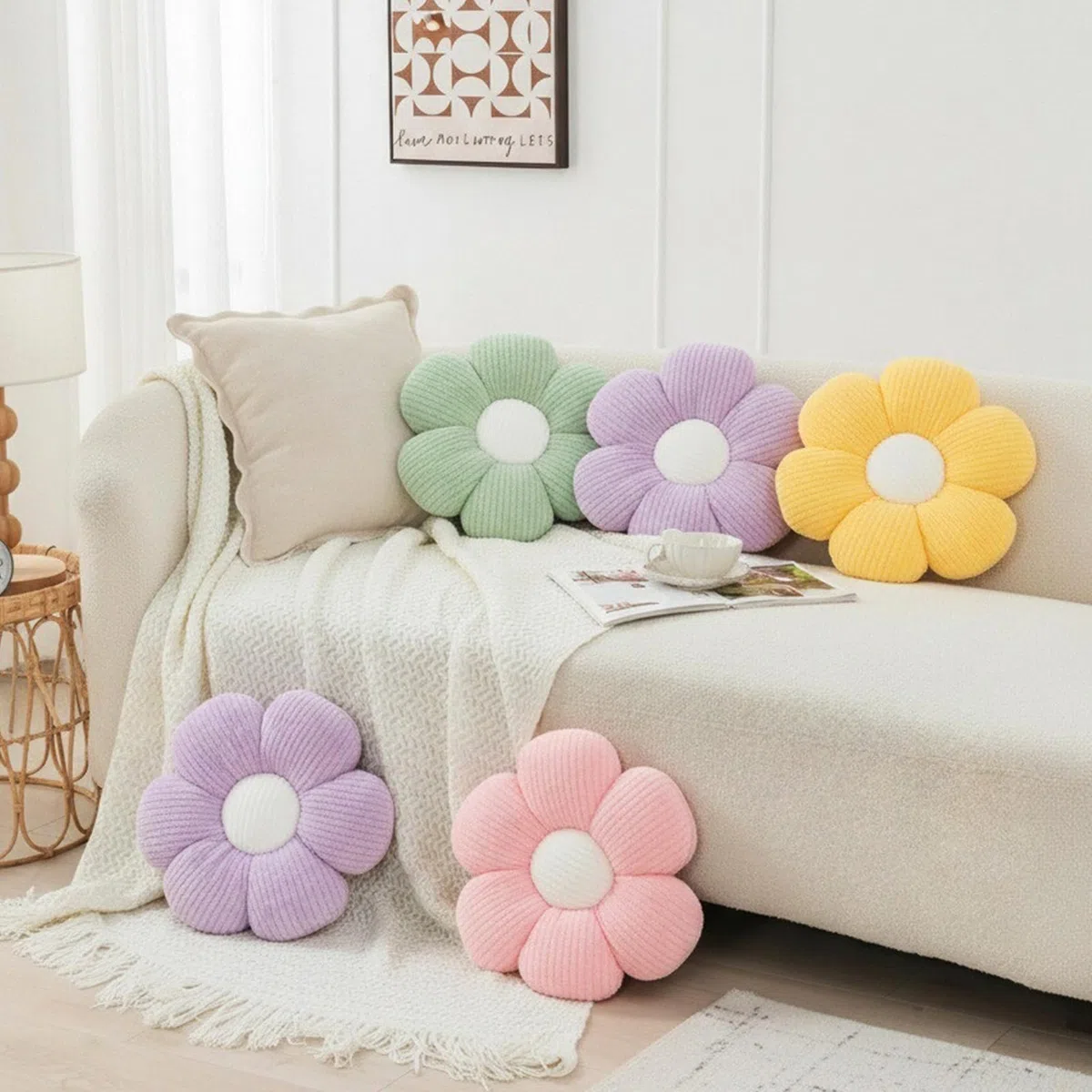 2 cuscini a forma di fiore, morbidi cuscini da pavimento per divano, soggiorno, camera da letto, decorazione per la stanza delle ragazze, bianco e rosa