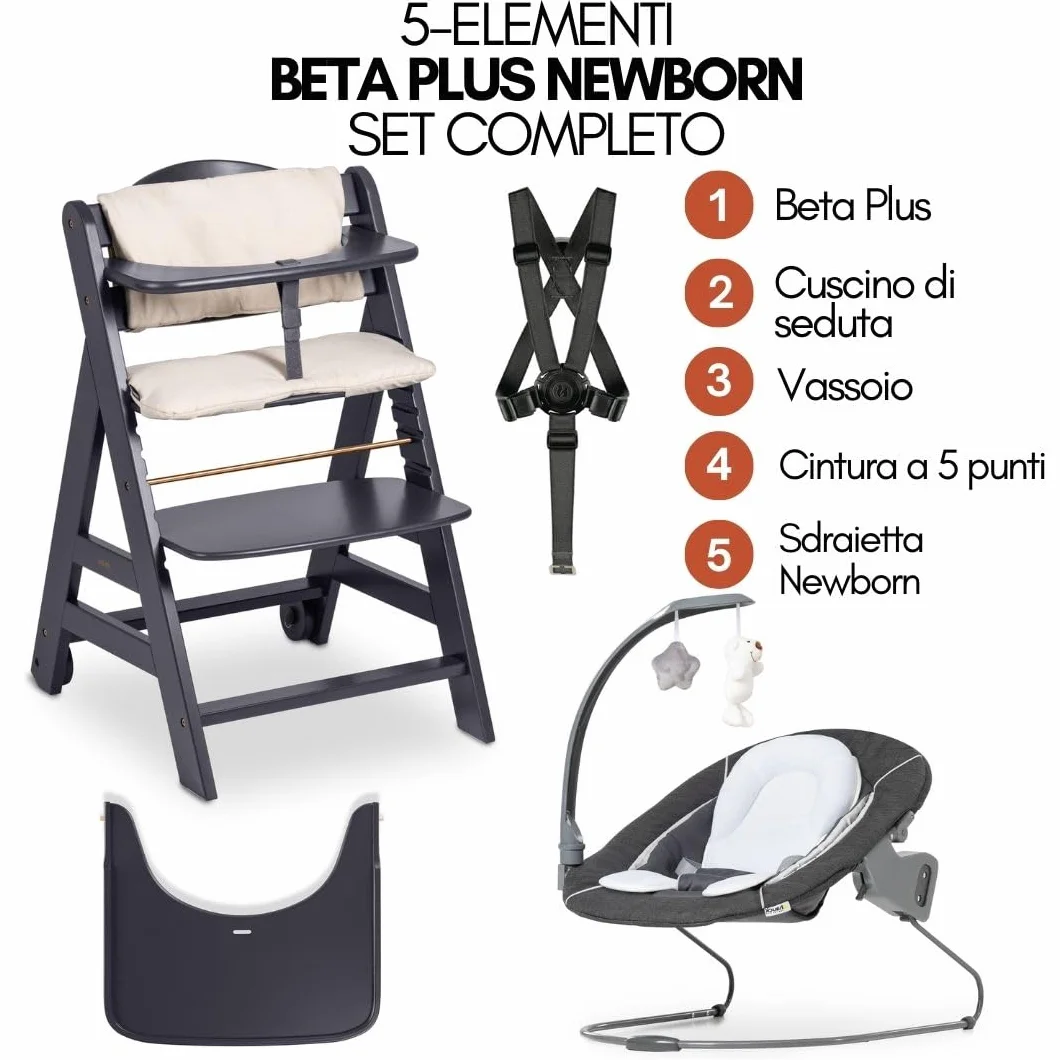 Hauck Seggiolone Evolutivo Beta+ Newborn Set Deluxe 2in1 Regolabile con Sdraietta Neonato, Cuscino Seduta e Vassoio