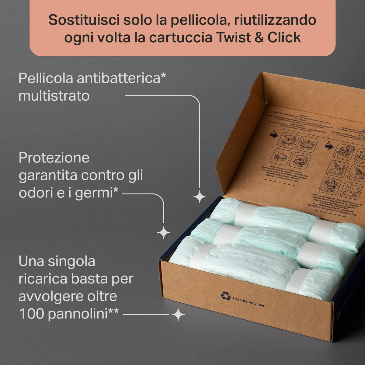 Tommee Tippee Sacchetti per mangiapannolini Twist & Click, 12 ricariche da 10,5 metri, pellicola antibatterica* multistrato, da inserire nella ricarica in uso, 12 x 10,5 m