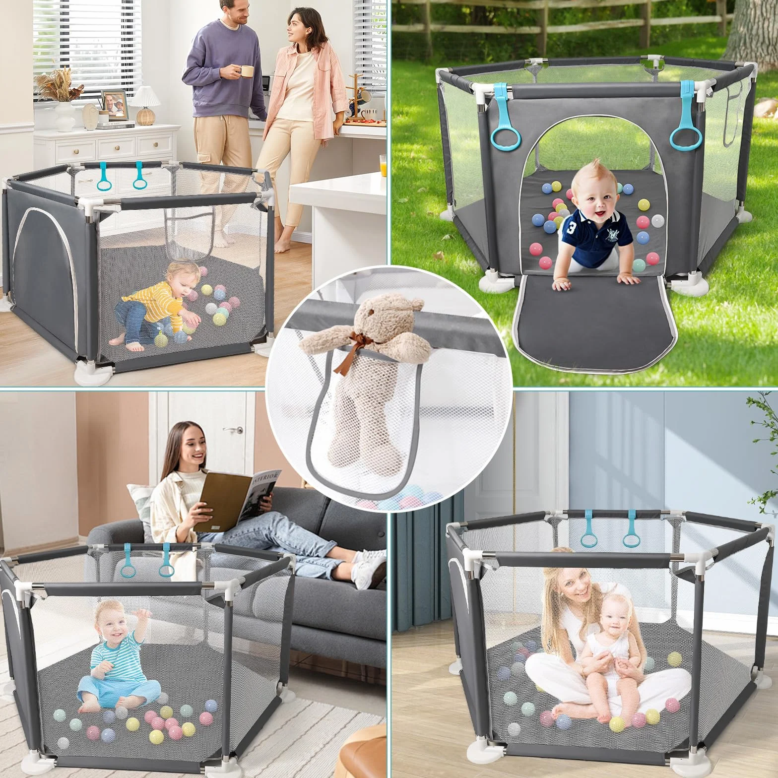 CHOLY Box esagonale per neonati con rete traspirante, recinzione attività bambini, borsa viaggio grigio scuro