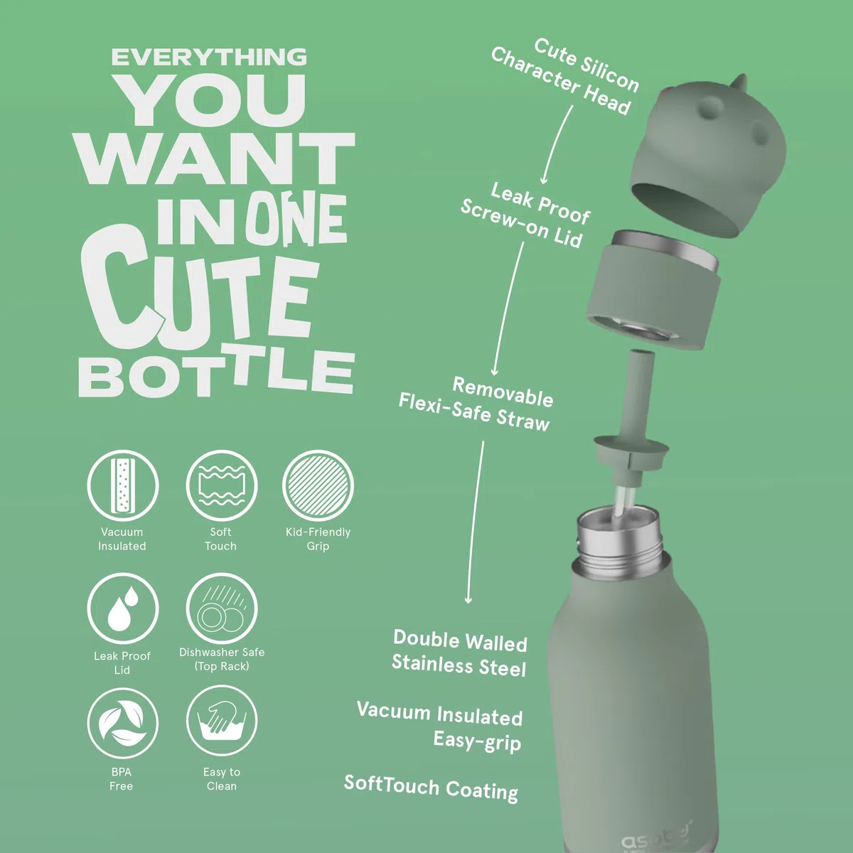 asobu Bestie Borraccia termica in acciaio inox, con testa a forma di animale morbido, rimovibile, per bambini e ragazzi, con cannuccia flessibile, riutilizzabile, da 473,6 g (dinosauro)