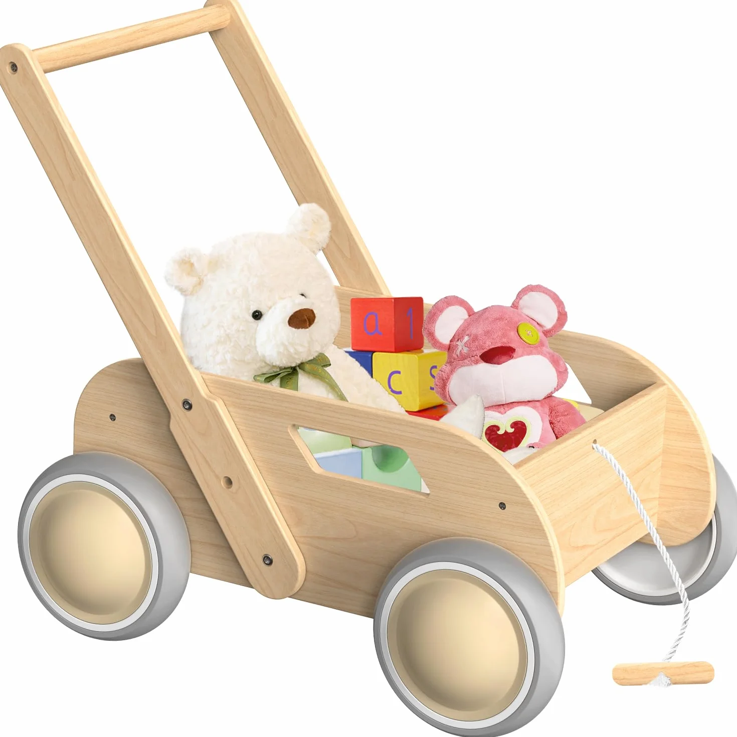 Girello per Bambini di legno, Carrello Primi Passi Legno per Bambini e Bambine, Activity Baby Walker, Toddler Push & Pull Toys, Primi Passi Regalo per Compleanno Natale, Naturale