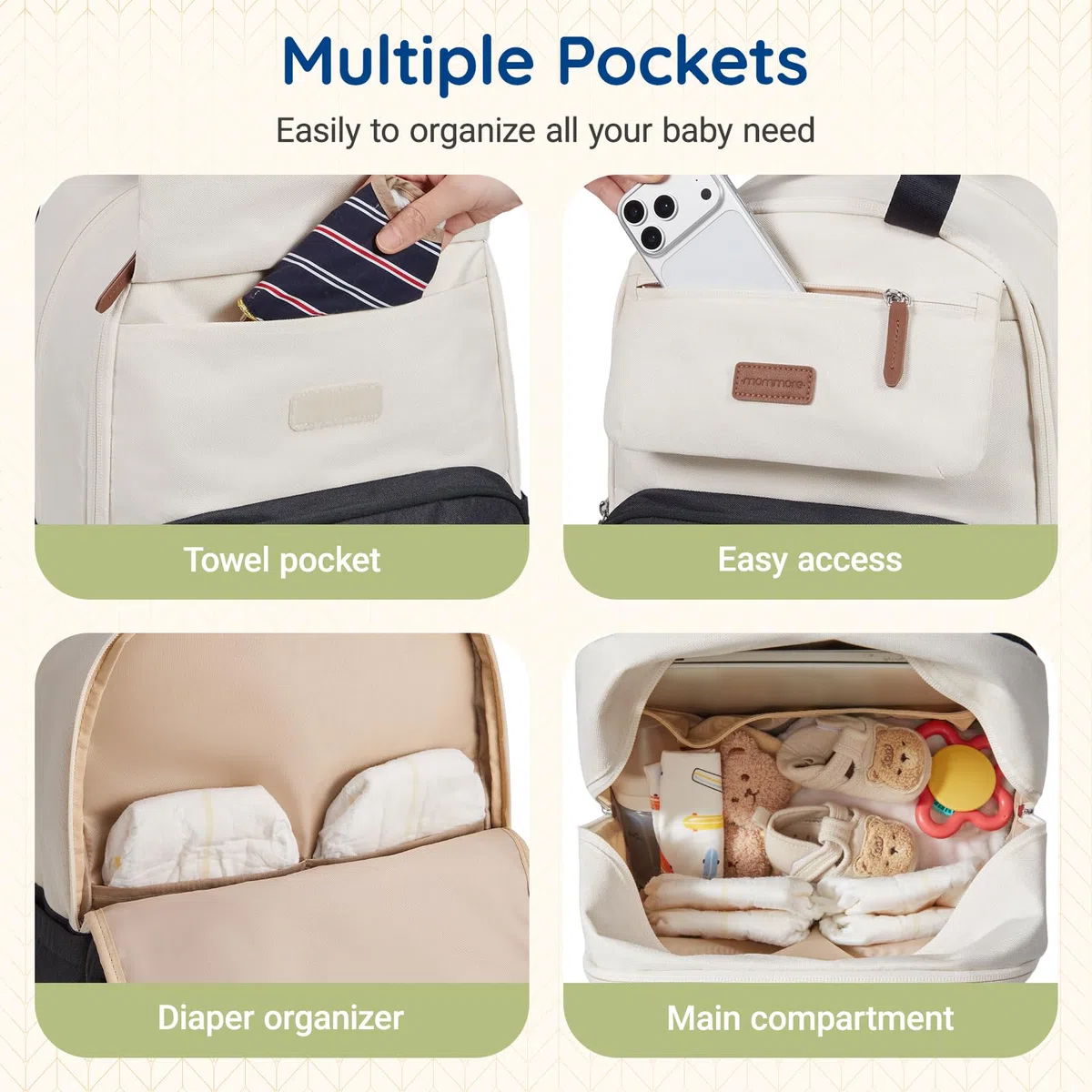 mommore Zaino fasciatoio, grande borsa espandibile per 2 bambini/gemelli, borsa per bambini resistente con fasciatoio, zaino da viaggio impermeabile per mamma e papà, beige., 29 x 22 x 41.5 cm