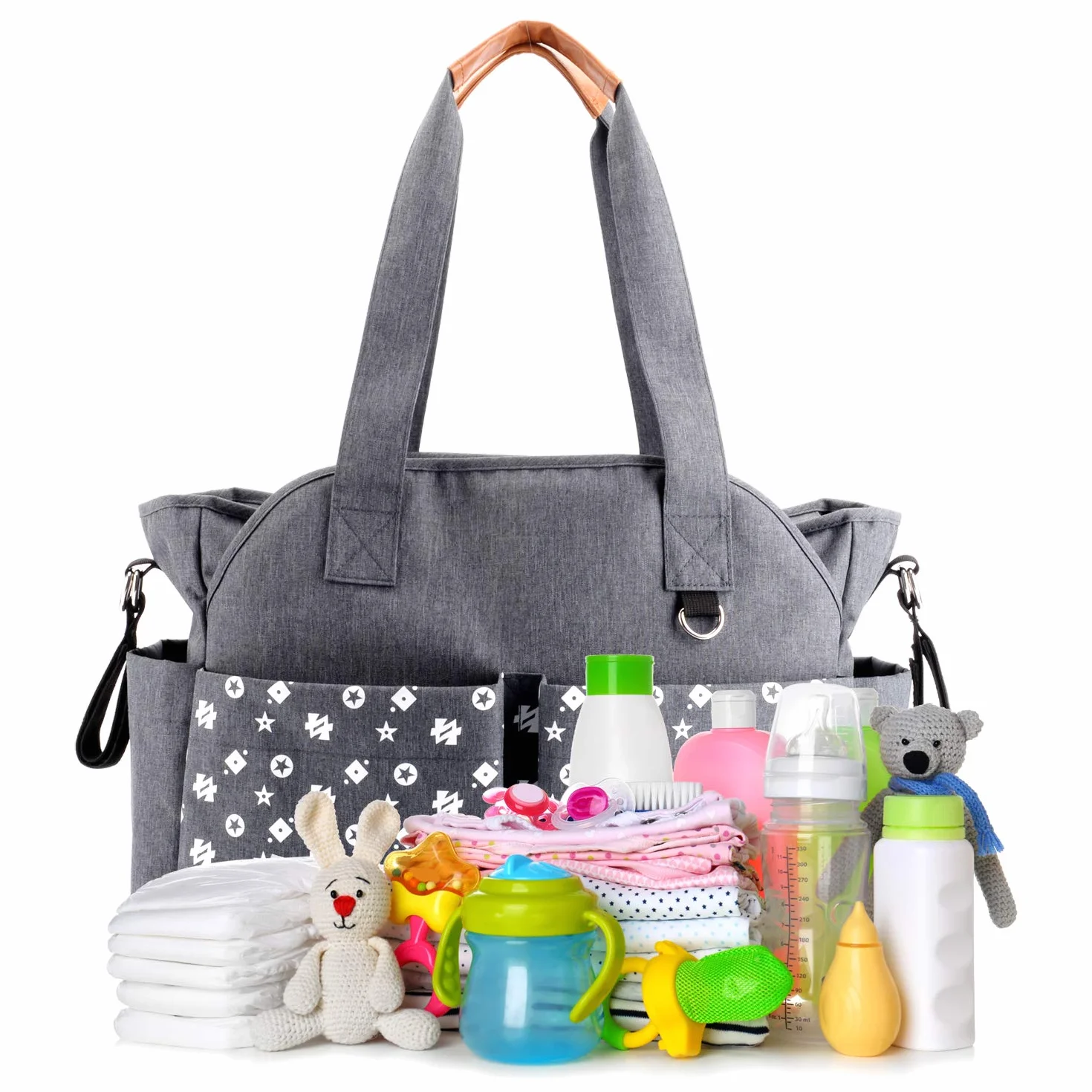 Homlynn Borsa a tracolla per cambio pannolino, borsa messenger da viaggio con cinghie per carrozzina, 12 tasche, grigio classico