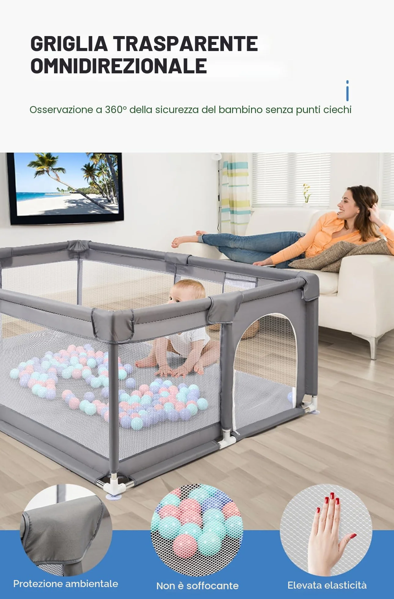 Recinto Gioco Pieghevole 160×120 cm Grigio per Neonati | Dotato di sacco portapalle e anelli tira su, pratico e sicuro per bambini