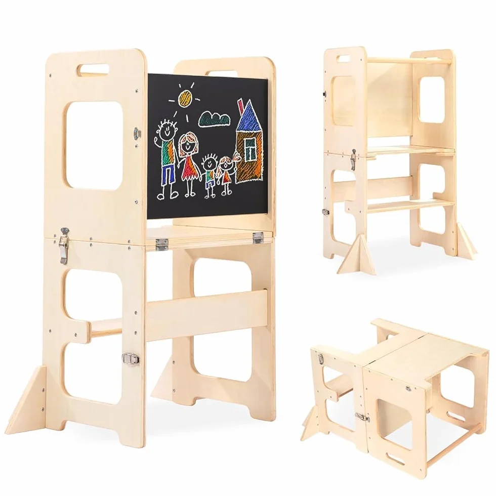 Labebe Montessori Torre per bambini 3 in 1 pieghevole didattica Scala Sgabello con lavagna Legno torretta utensili da cucina 18 mesi